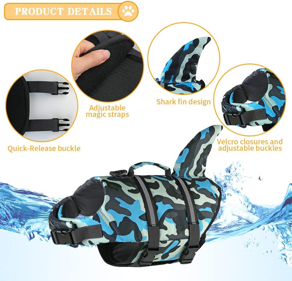 Doglay Chaleco salvavidas para perros con tiburón, chaleco salvavidas para perros para nadar en barco, chaleco salvavidas ajustable para perros con