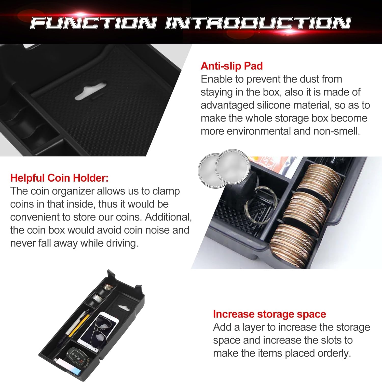Xotic Tech – Reposabrazos para consola central interior, caja organizadora de almacenamiento para teléfono, monedas, tarjeta, bandeja de cajón +