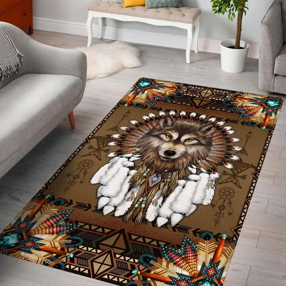 Alfombra de área, alfombra de espíritu de lobo nativo americano, THB2937R, de 5 x 8 pies, alfombras esponjosas para dormitorio, alfombra moderna