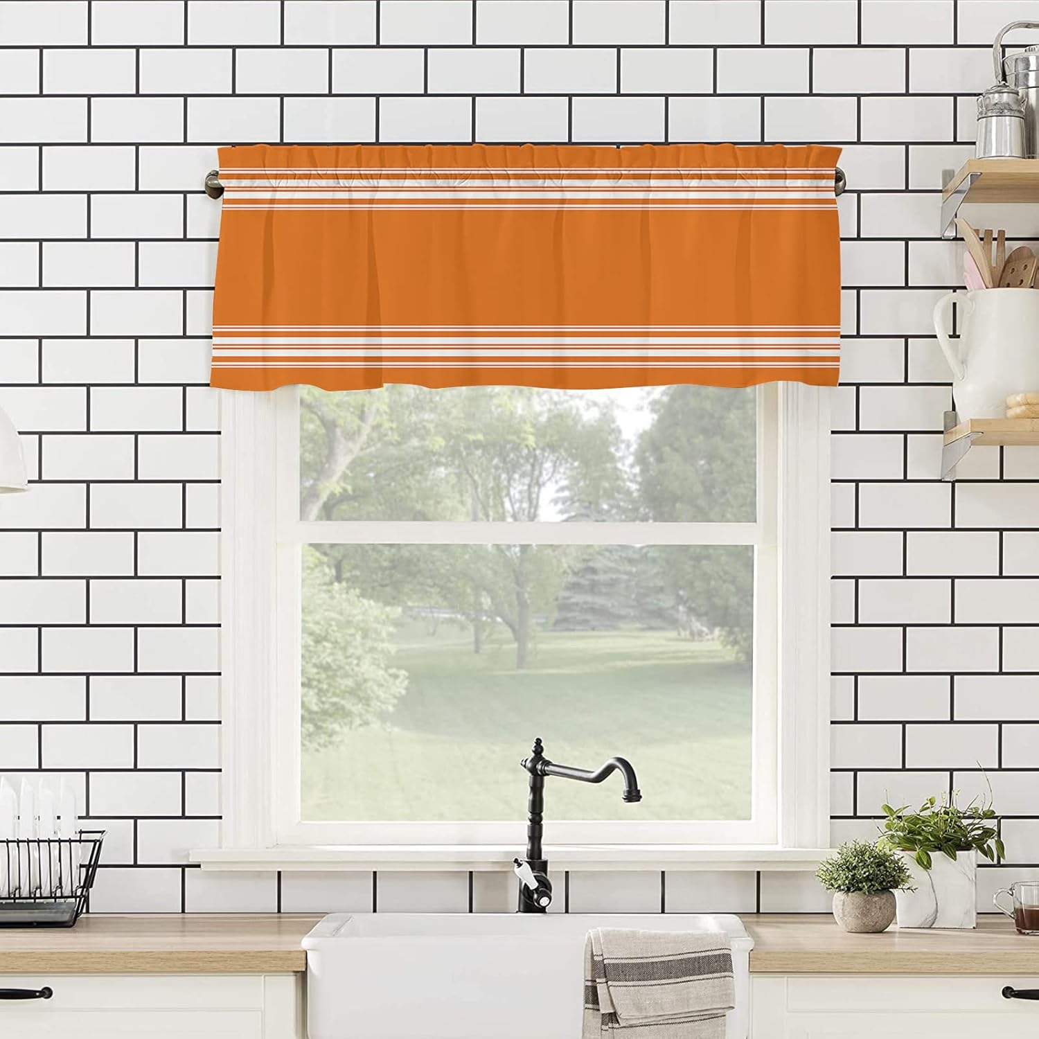Artwork Store Curtain Valance for Window Kitchen Decor, Thanksgiving Fall Orange White Stripe 54″ x 18″ Window Treatment Curtains Topper Rod Pocket