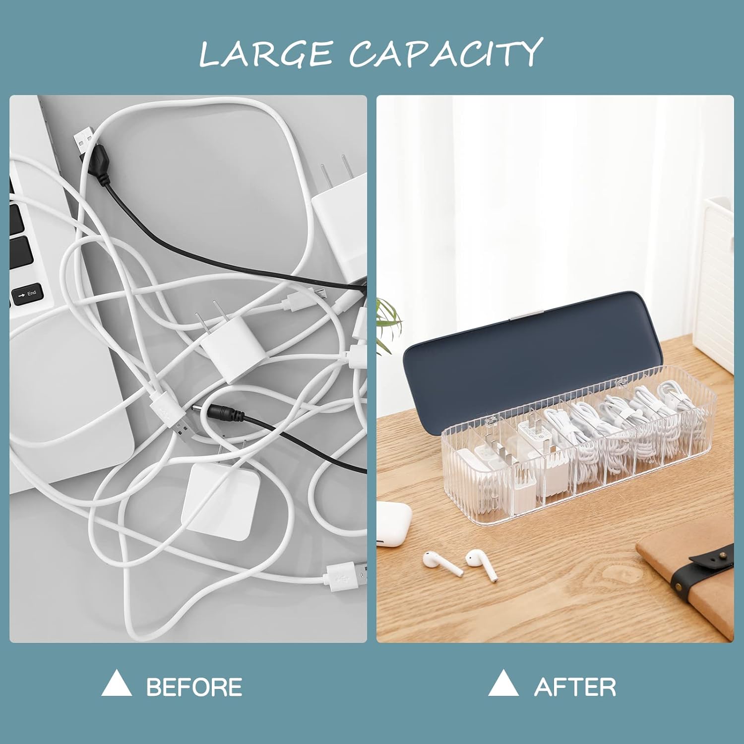 Yesesion Paquete de 2 cajas organizadoras de cables de plástico con tapa y 20 lazos de alambre, estuche de almacenamiento transparente para cargador