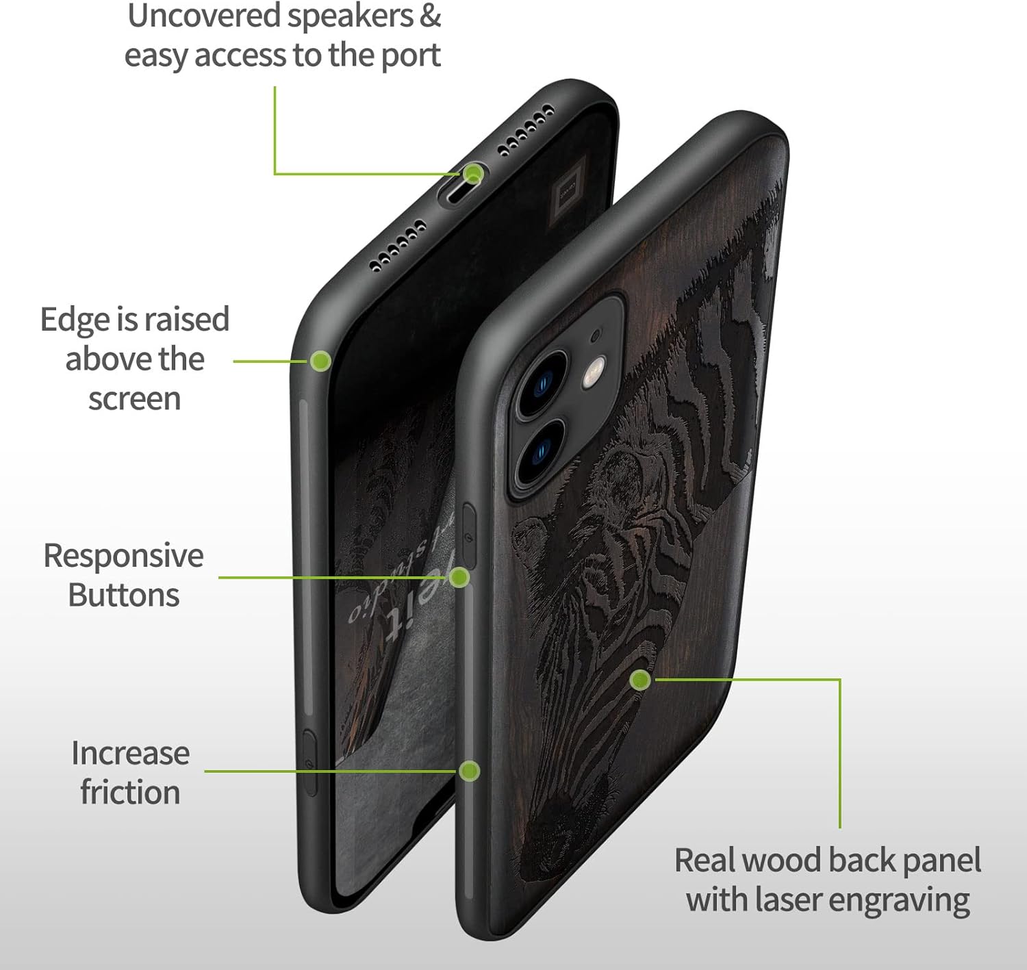 Carveit Funda de madera para iPhone 11 madera natural y TPU suave negro a prueba de golpes, funda protectora de madera única y elegante compatible