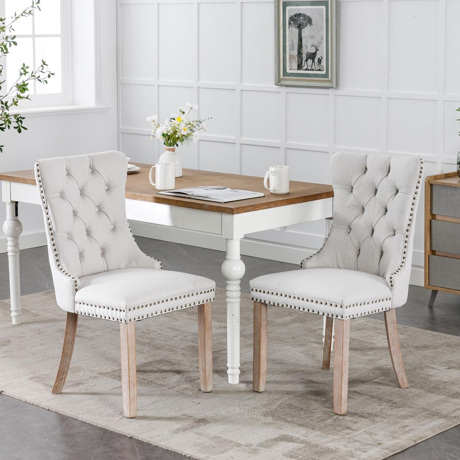 Merax Juego de 2 sillas de comedor de lino, sillas de comedor tapizadas de alta gama con patas de madera, adornos de cabeza de clavo para cocina