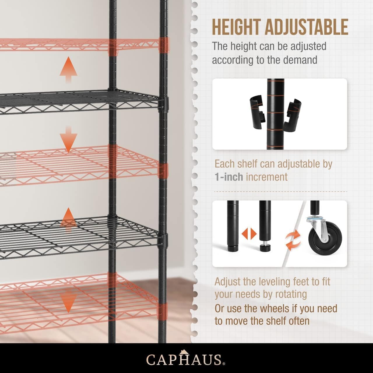 CAPHAUS NSF – Estantería de alambre resistente de grado comercial con ruedas, patas de nivelación y revestimientos, estante de metal de