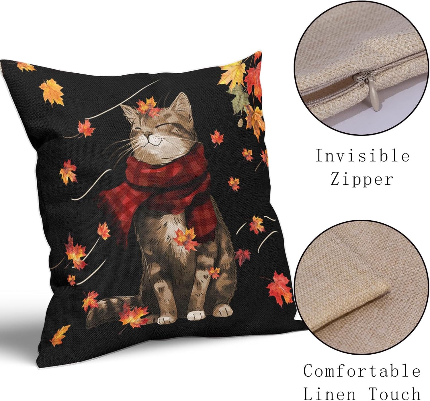 Juego de 2 fundas de almohada de gato de otoño de 16 x 16 pulgadas, diseño de hojas de arce con fondo negro, fundas de almohada decorativas para