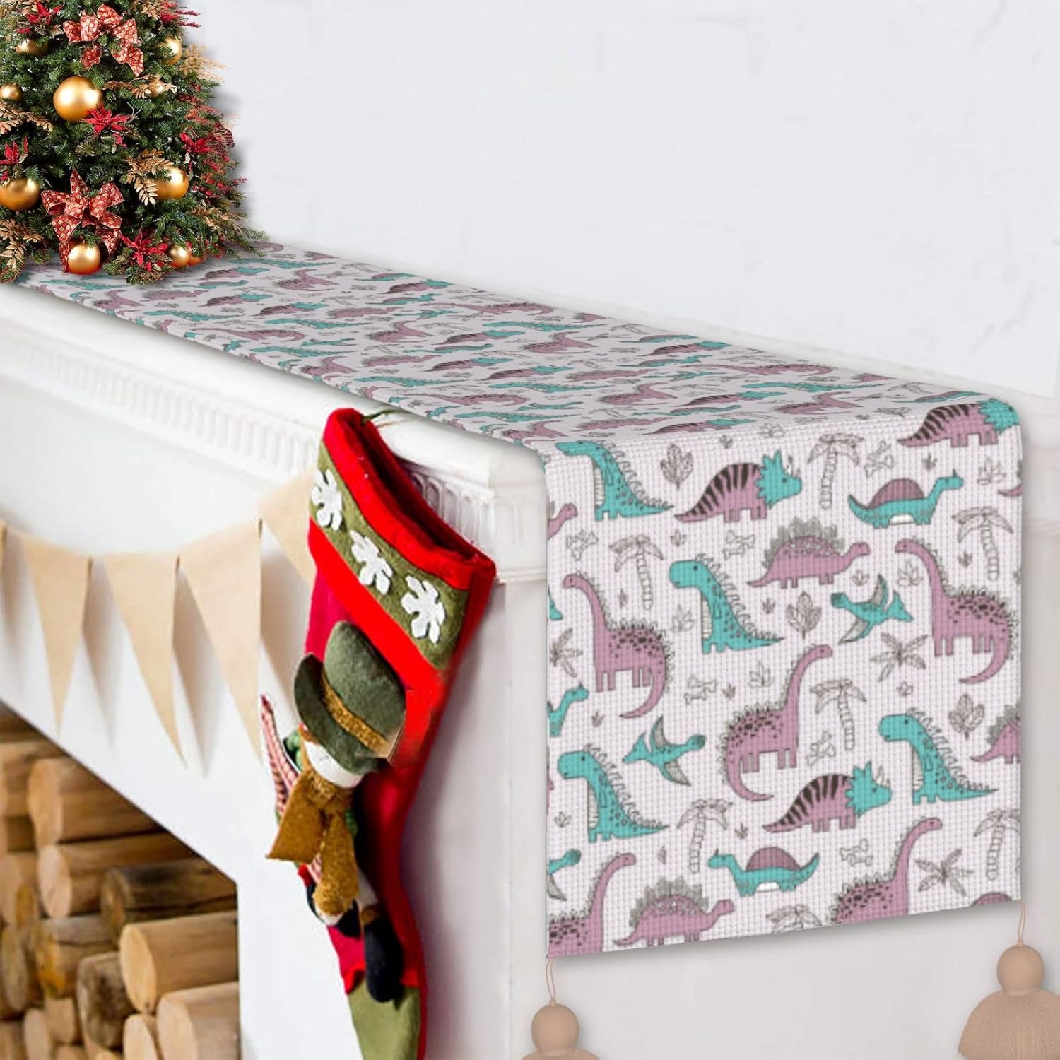 Camino de mesa de Navidad de dinosaurios divertidos, decoración de mesa de comedor, decoración de Navidad, decoración de interiores del hogar,