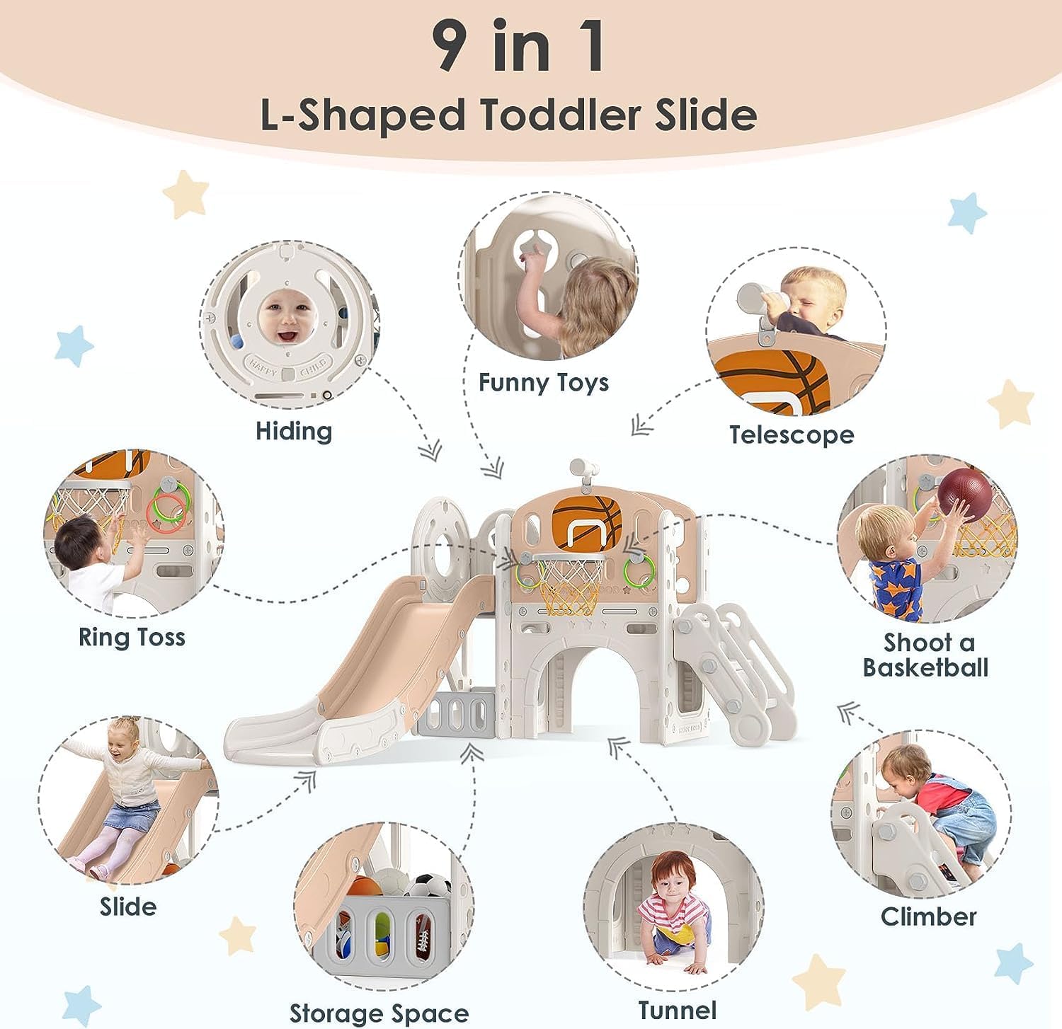 Tobogán 9 en 1 para niños pequeños de 1 a 3 años con lanzamiento de anillo, aro de baloncesto y telescopio, tobogán para interiores y exteriores,