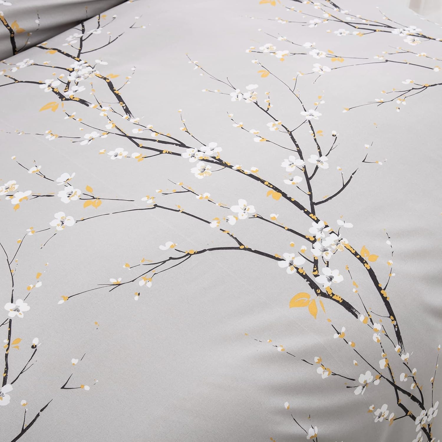 WONGS BEDDING Juego de funda de edredón gris tamaño individual, juego de ropa de cama con estampado de flor de ciruelo con 1 funda de almohada, 2