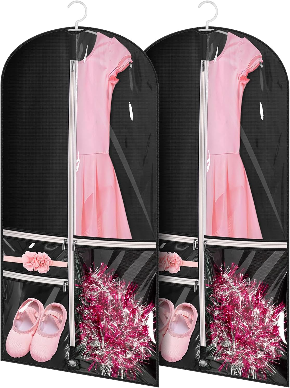 Kimbora Bolsa de ropa para baile de disfraces con 3 bolsillos transparentes con cremallera para trajes, funda de vestido, almacenamiento de viajes y