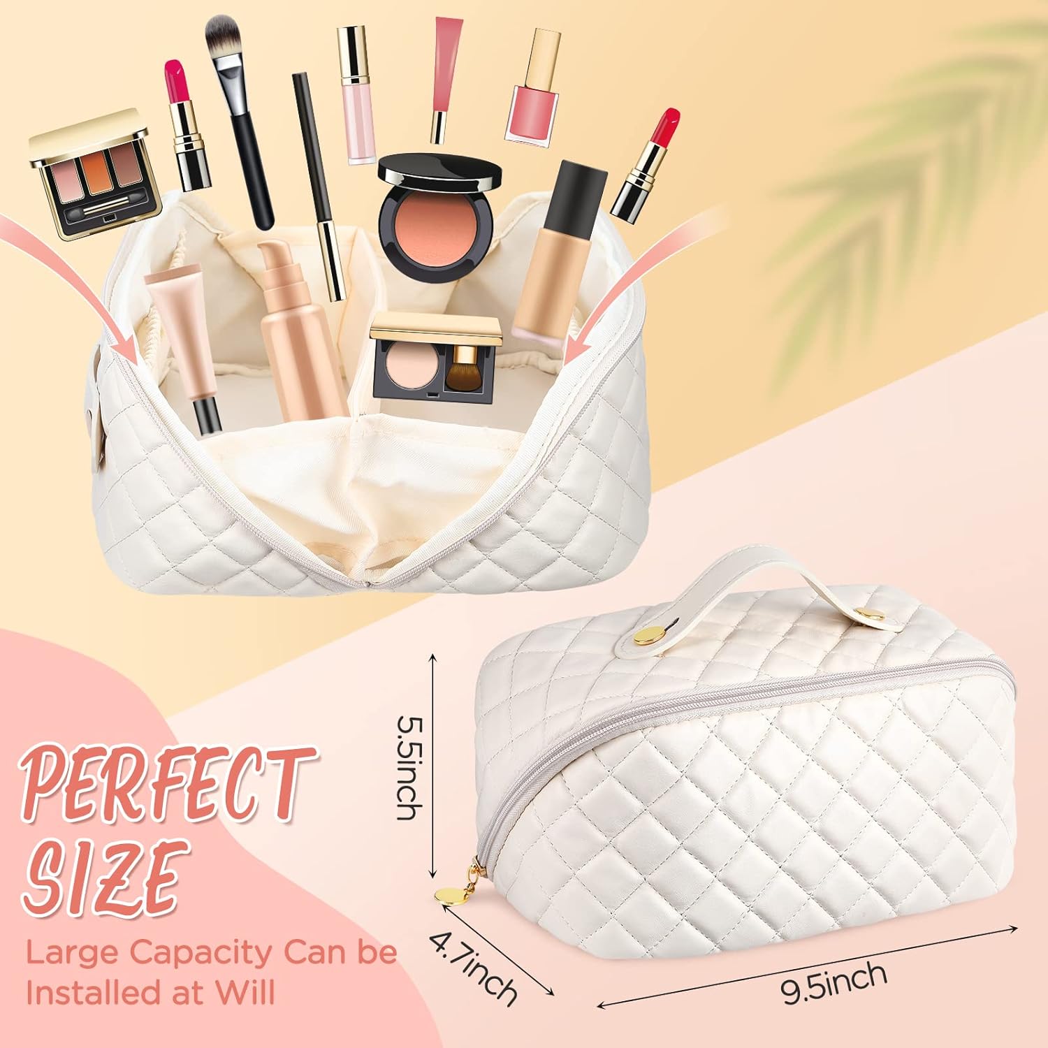 RUMIA Bolsa de cosméticos de viaje de gran capacidad, portátil, de cuero, impermeable, bolsa de maquillaje de viaje, bolsa de almacenamiento con