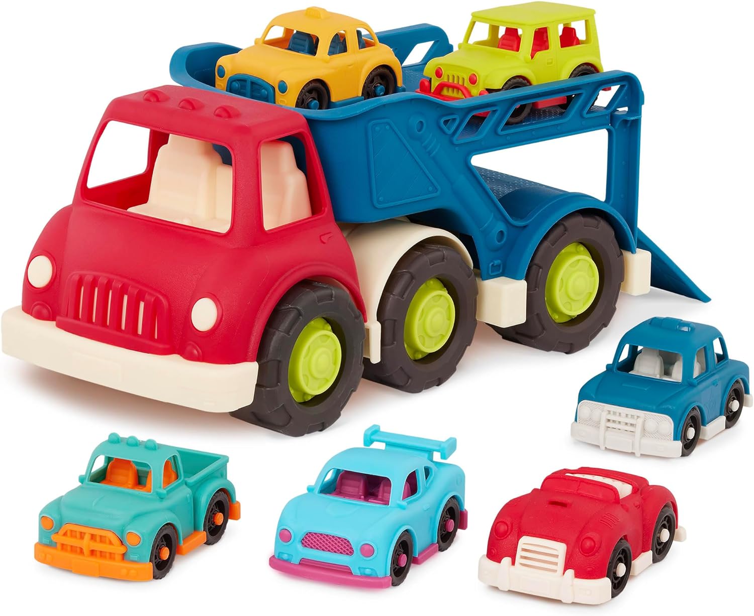 B. – Camión portador de automóviles – Portacoches de juguete – 2 mini autos – Camiones de juguete para niños pequeños, niños – 12 meses + – Happy