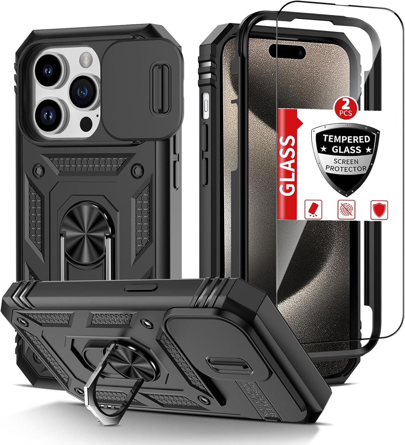 Funda para iPhone 15 Pro con 2 protectores de pantalla de vidrio templado con cubierta de cámara y anillo magnético de soporte de grado militar, a