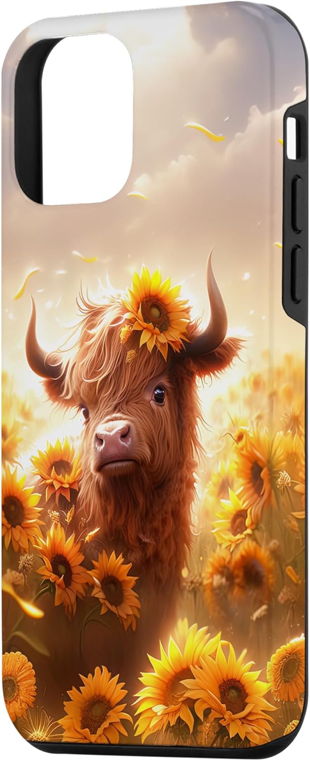 Funda para iPhone 12 mini con diseño de vaca escocesa de las tierras altas y girasoles