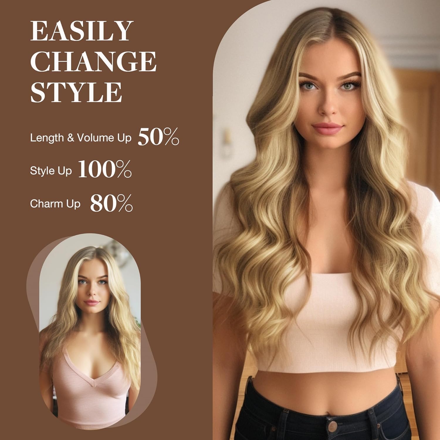 GOO GOO Extensiones de cabello humano real con alambre, 22 pulgadas, 4.06 oz rubio ceniza con reflejos platino, extensiones de cabello con alambre