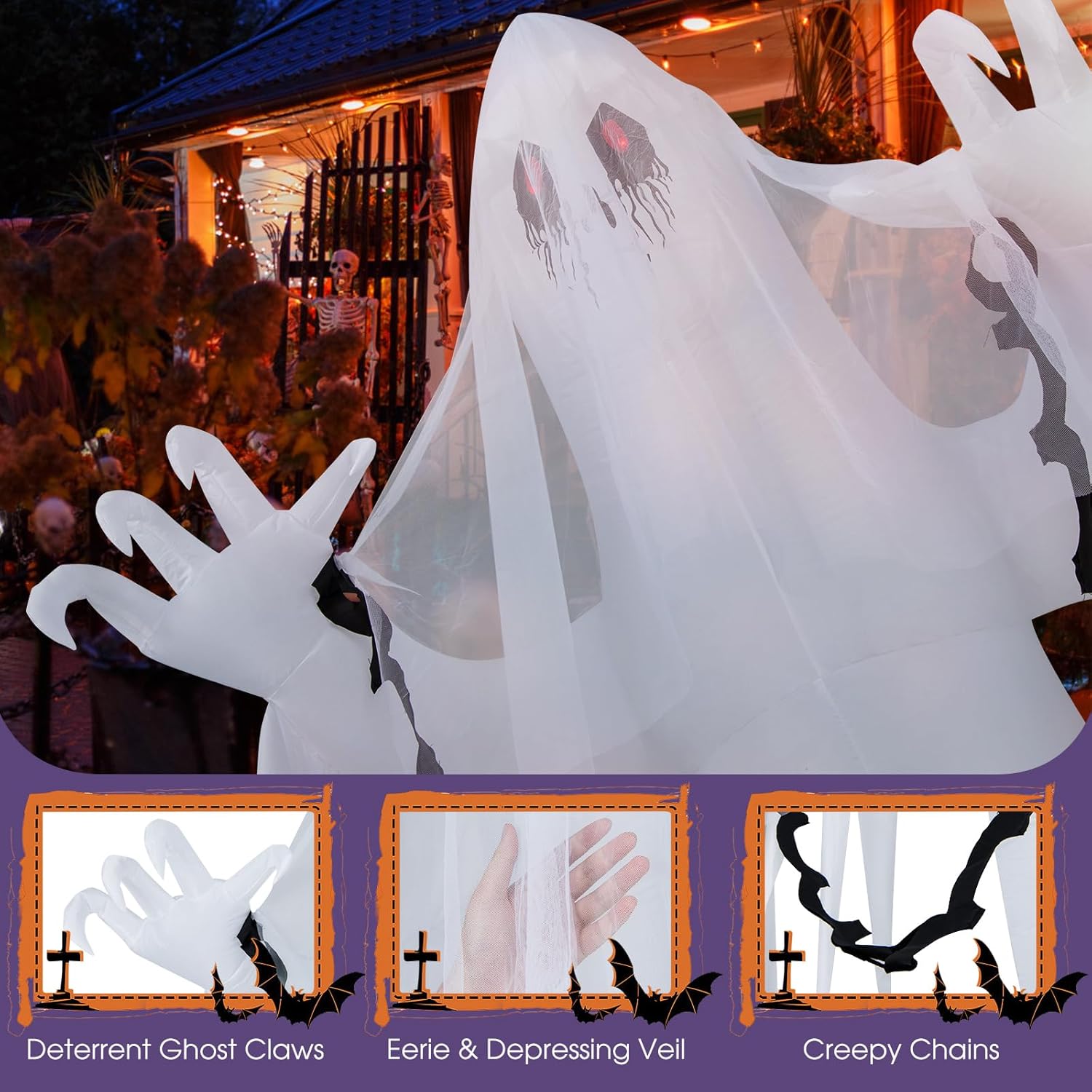 Tangkula Fantasma inflable de Halloween de 8 pies, novia fantasma inquietante inflable con luz LED de llama, decoración de vacaciones al aire libre