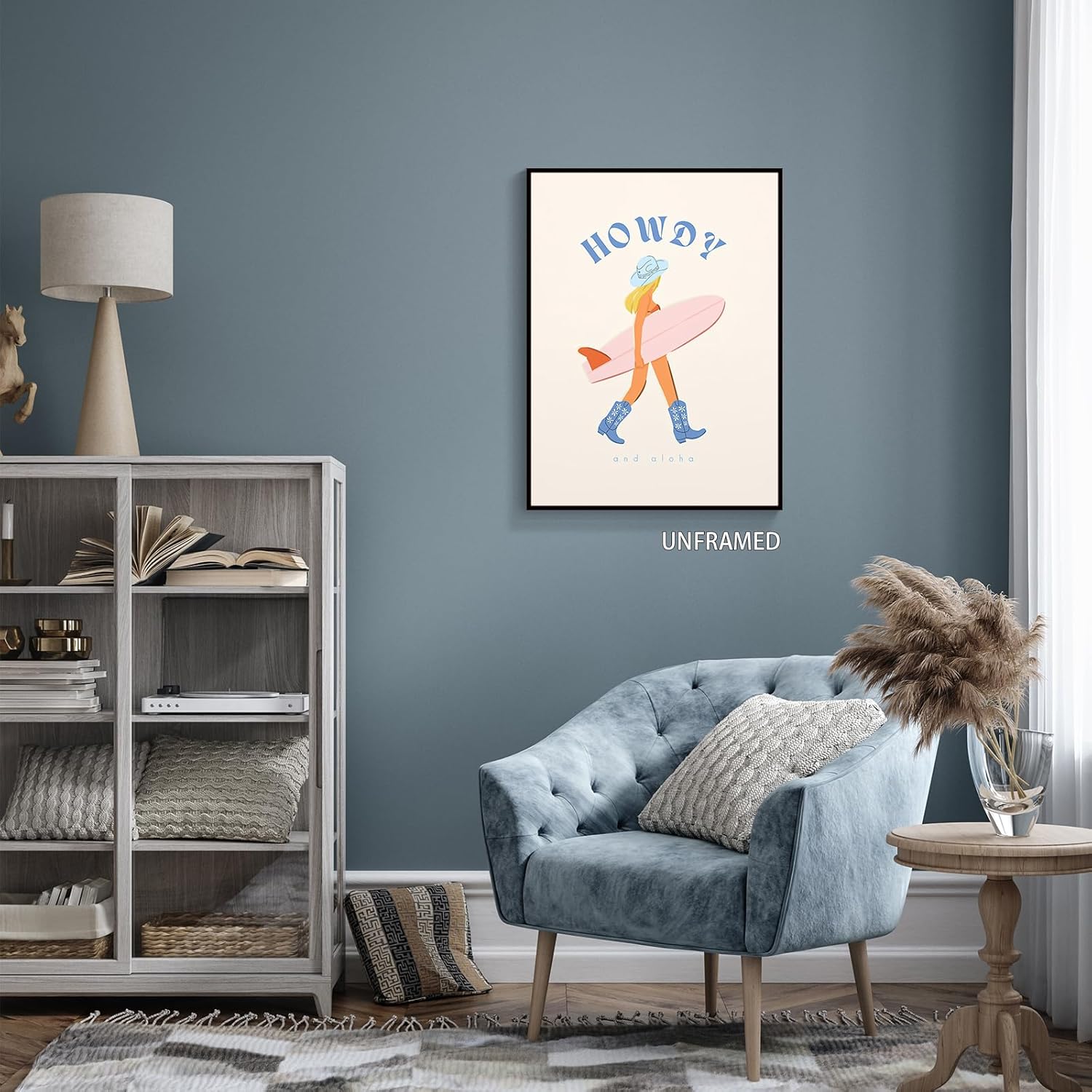 gooptyinh Lienzo decorativo de pared de vaquera costera de moda, póster estético de habitación de niña surfista azul Howdy y Aloha, decoración de