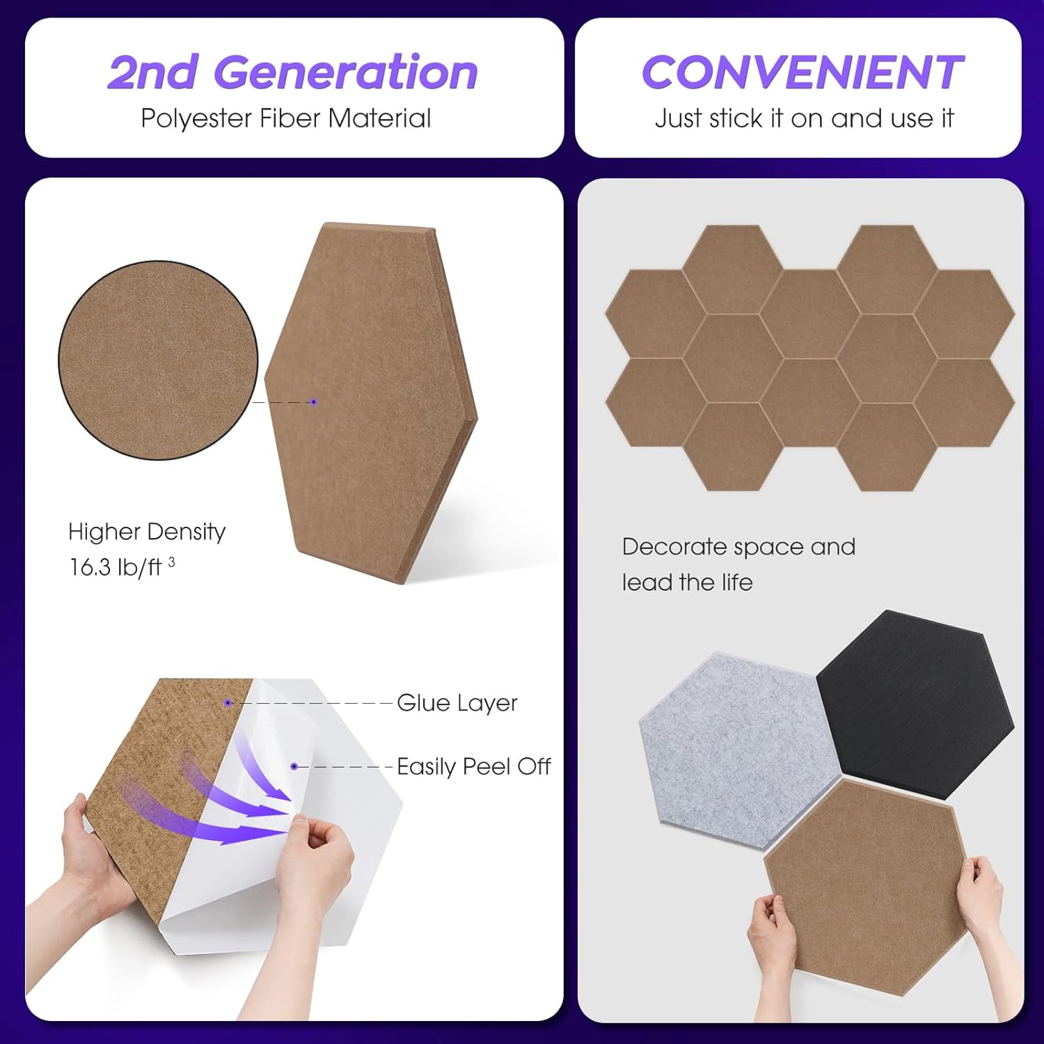 Paquete de 12 paneles acústicos autoadhesivos insonorizados hexagonales, 14 x 12 x 0.4 pulgadas, paneles de pared acústicos de alta densidad para