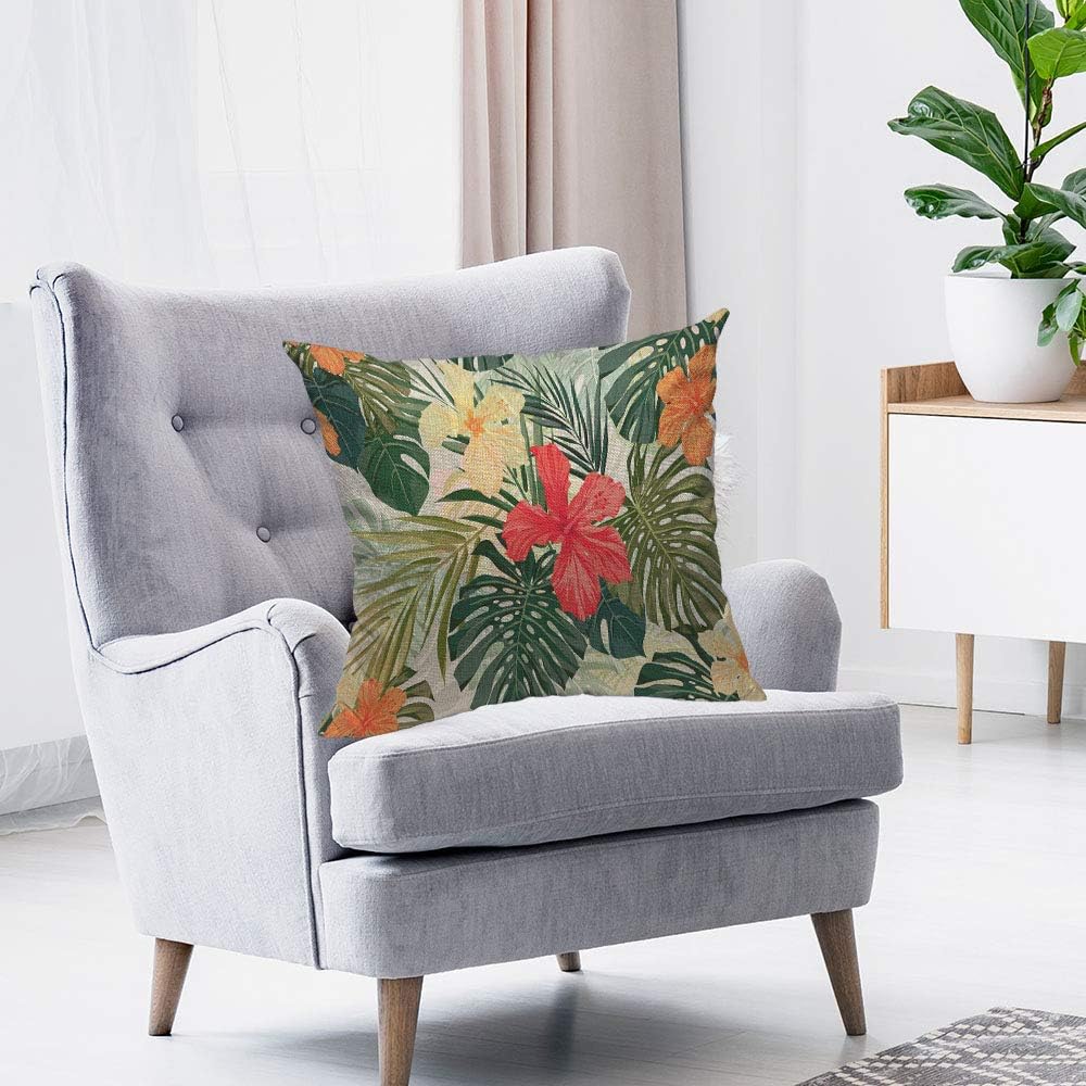 HOSNYE Funda de cojín de flores de hibisco, coloridas plantas tropicales hawaianas, hojas de palmera, algodón y lino para sofá, cama, sofá,