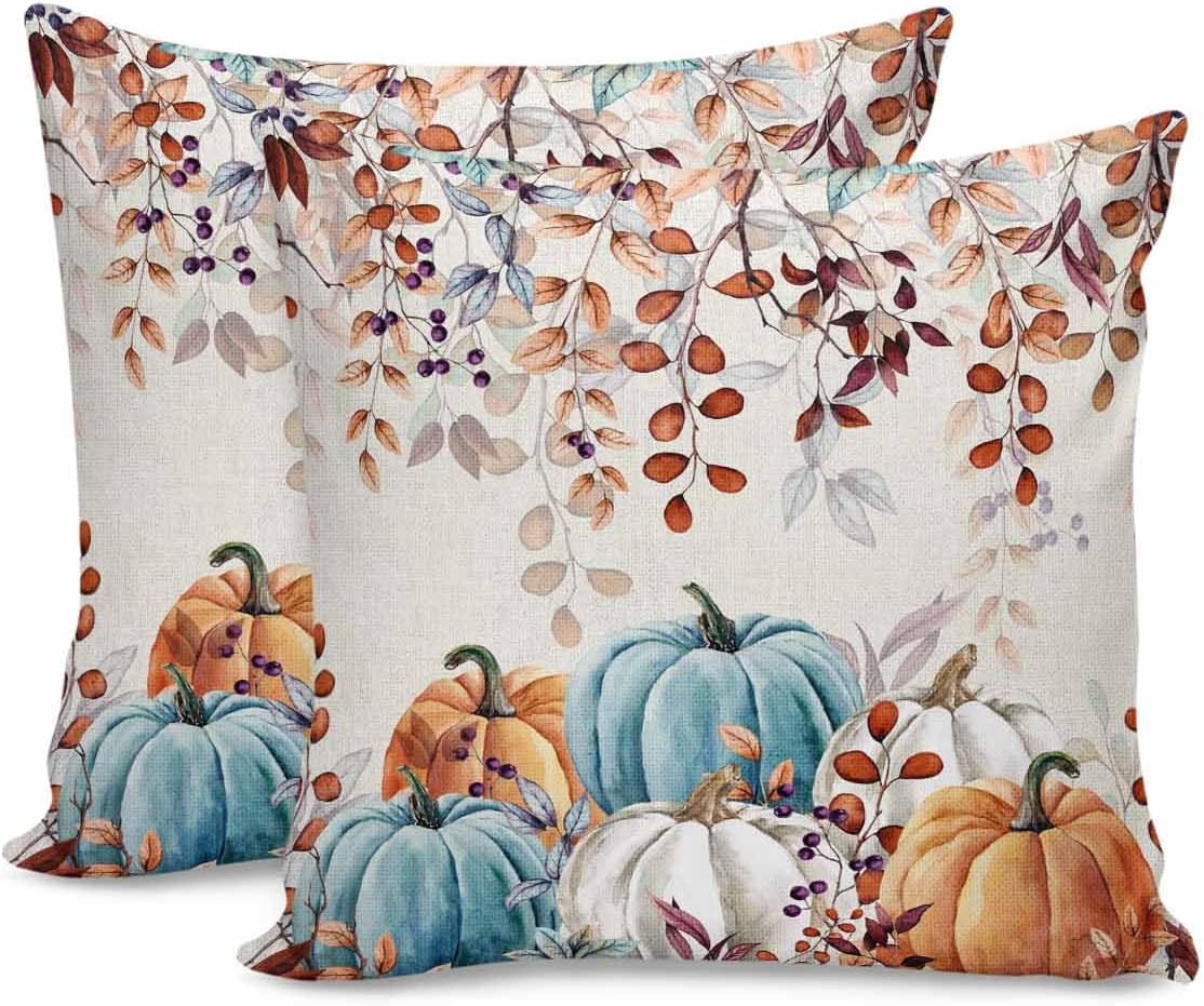 Paquete de 2 fundas de almohada decorativas para sofá, retro, otoño, naranja, blanco, azul, cosecha, hojas de calabaza, 18 x 18 pulgadas, fundas de