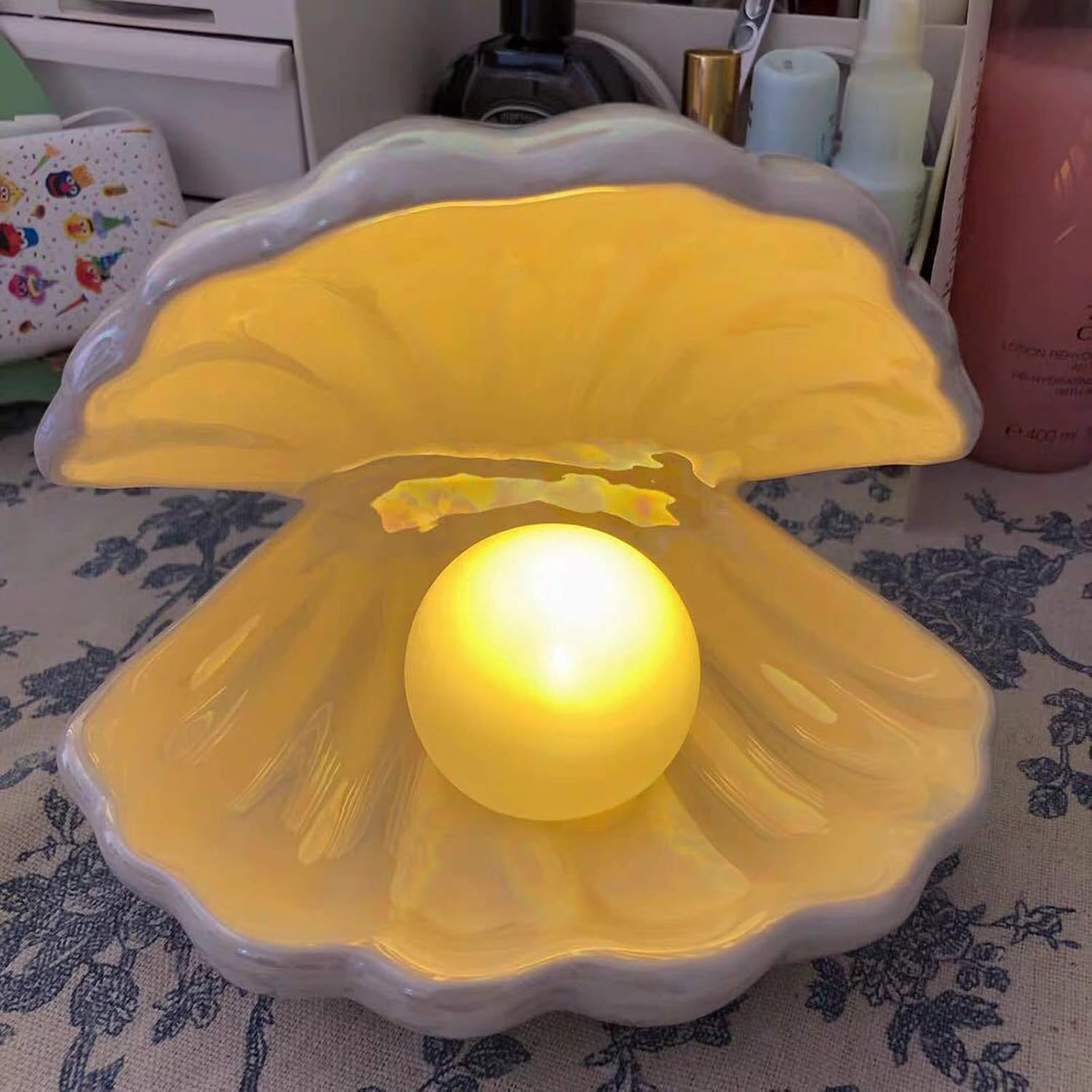 BinaryABC Cerámica Shell Pearl Light Led Lámpara Portátil Luz de noche Luz de mesa, regalo de San Valentín (blanco)