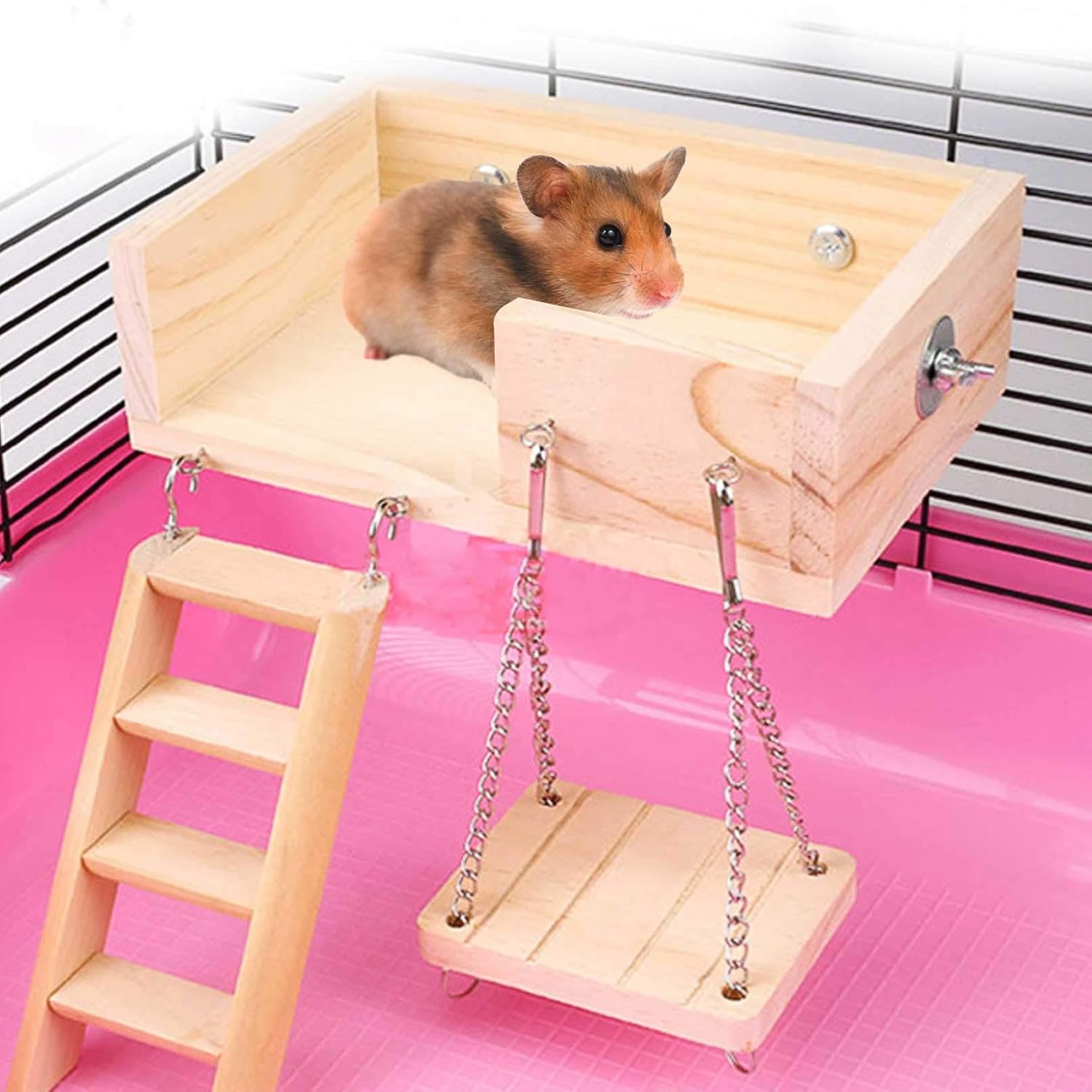 kathson Juego de juguetes de hámster con plataforma, escalera, columpio, 5 piezas de madera para escalar, accesorios para jerbos, hámsters enanos,