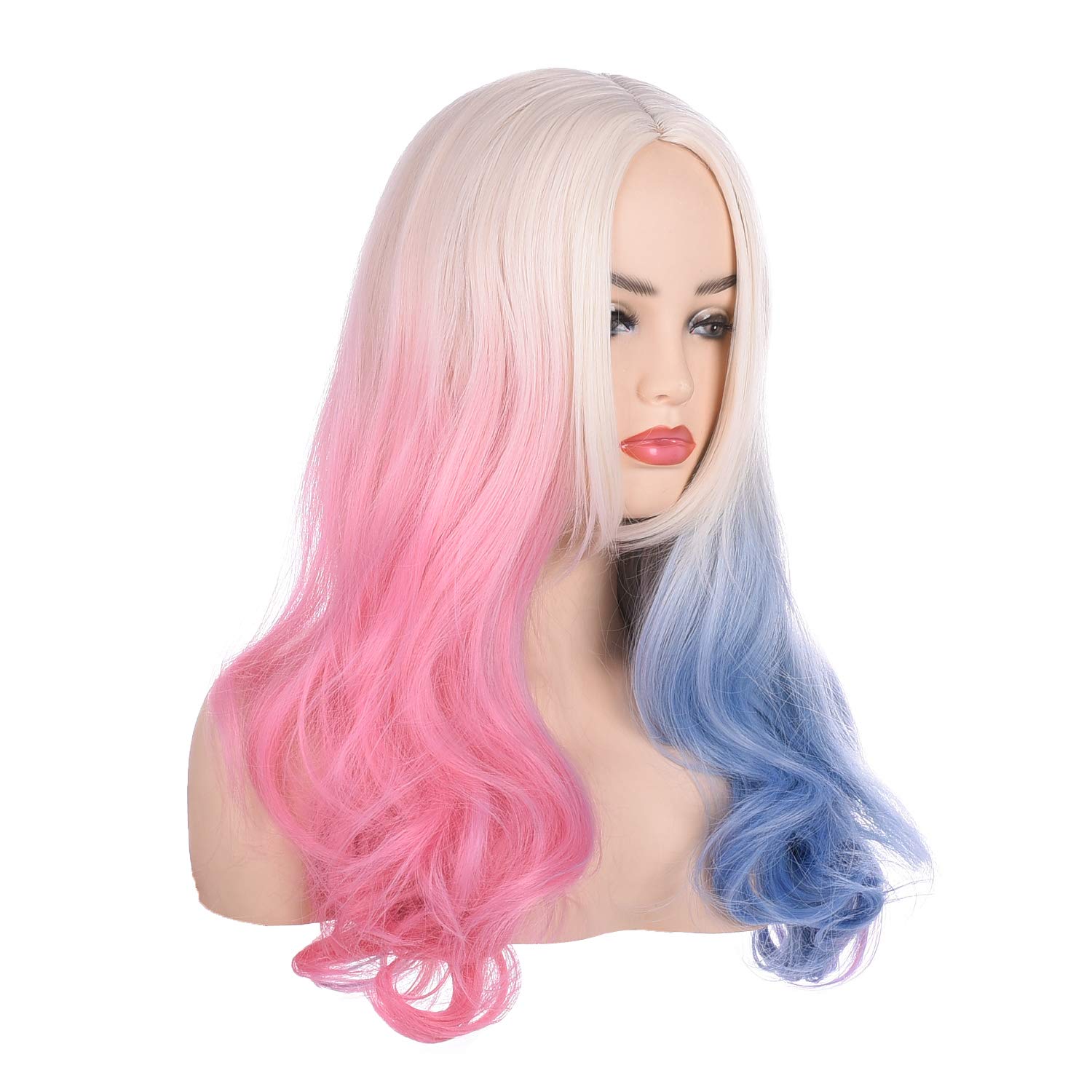 morvally 20 pulgadas de largo, ondulado, rubio, azul, rosa, ombré, pelucas de pelo sintético para mujeres, cosplay, Halloween