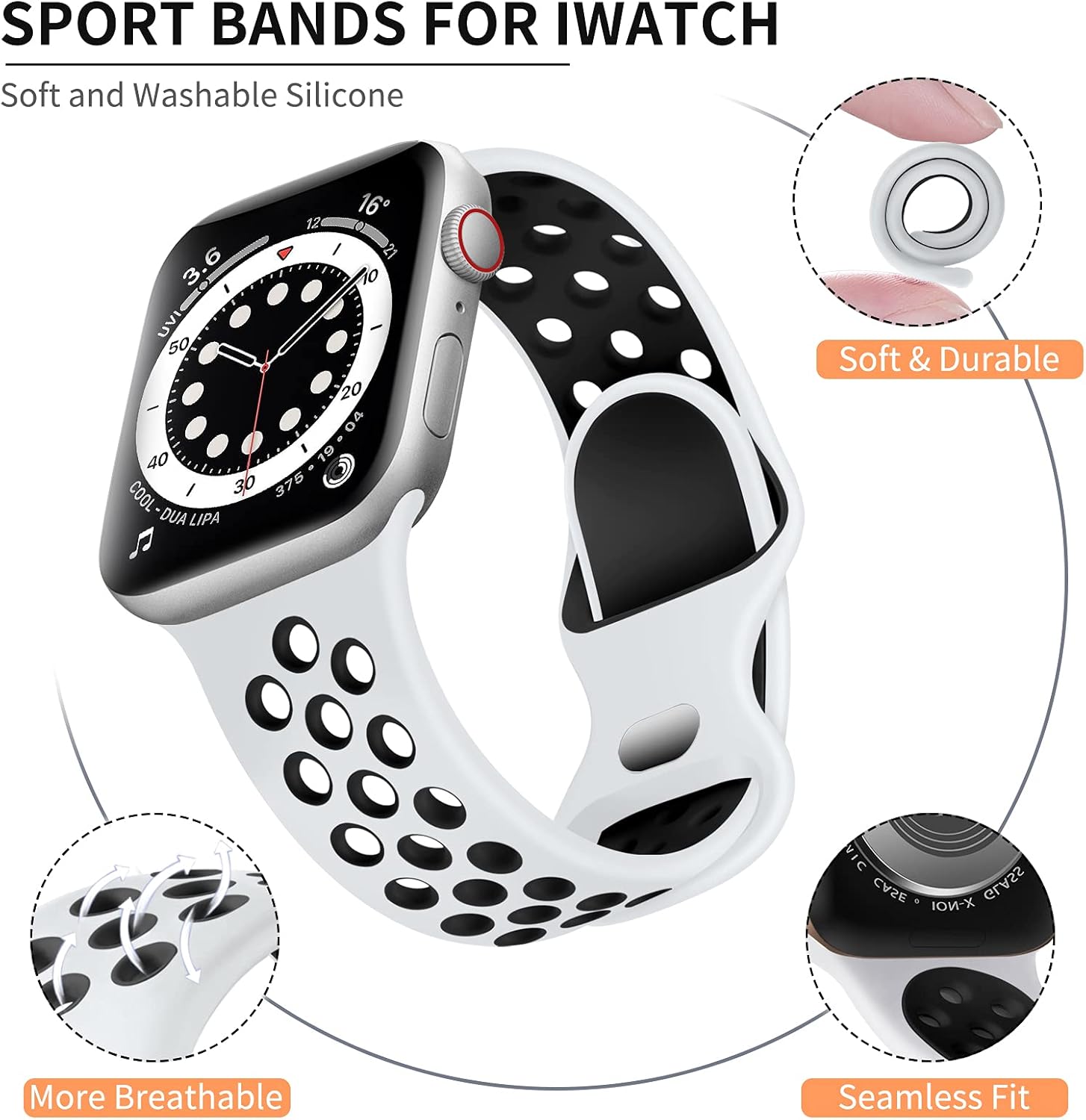 Lerobo – Correa deportiva compatible con Apple Watch 38, 40, 41, 42, 44 y 45 mm para hombre y mujer, silicona suave y transpirable, repuesto