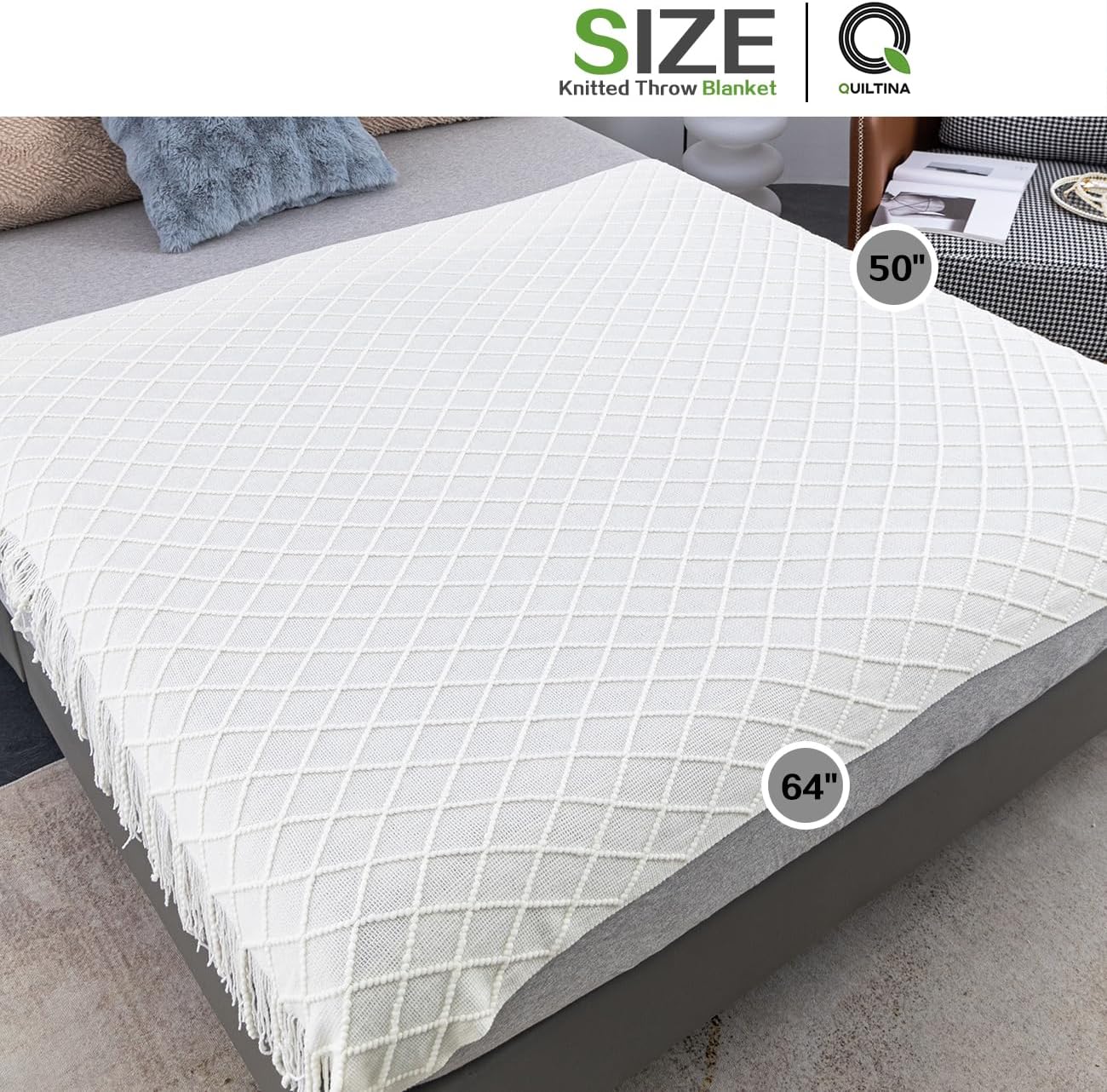 QUILTINA Manta de punto bohemia blanca con borlas, adecuada para sofá, 700GSM, gruesa, ultrasuave, para todas las estaciones, decoración y uso al
