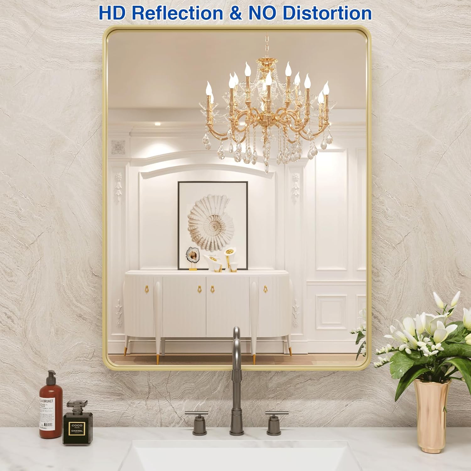 WEER Espejo de baño dorado, 24 x 36 pulgadas, marco de metal dorado cepillado, espejo rectangular redondeado de baño dorado para pared, vidrio