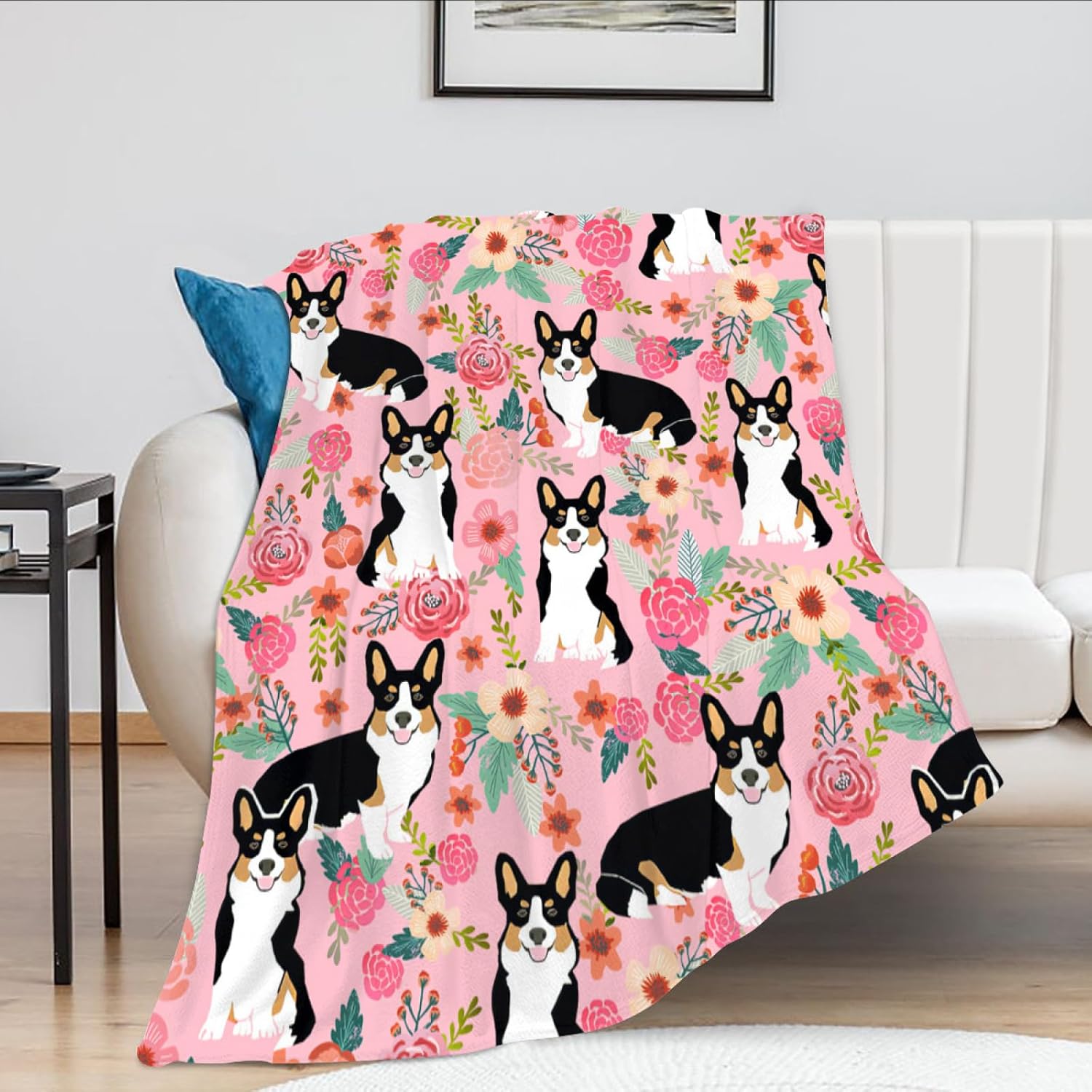 Manta de Corgi regalos para las amantes de Corgi para mujeres, lindas flores corgis, manta de franela de forro polar, suave y cálida manta rosa para