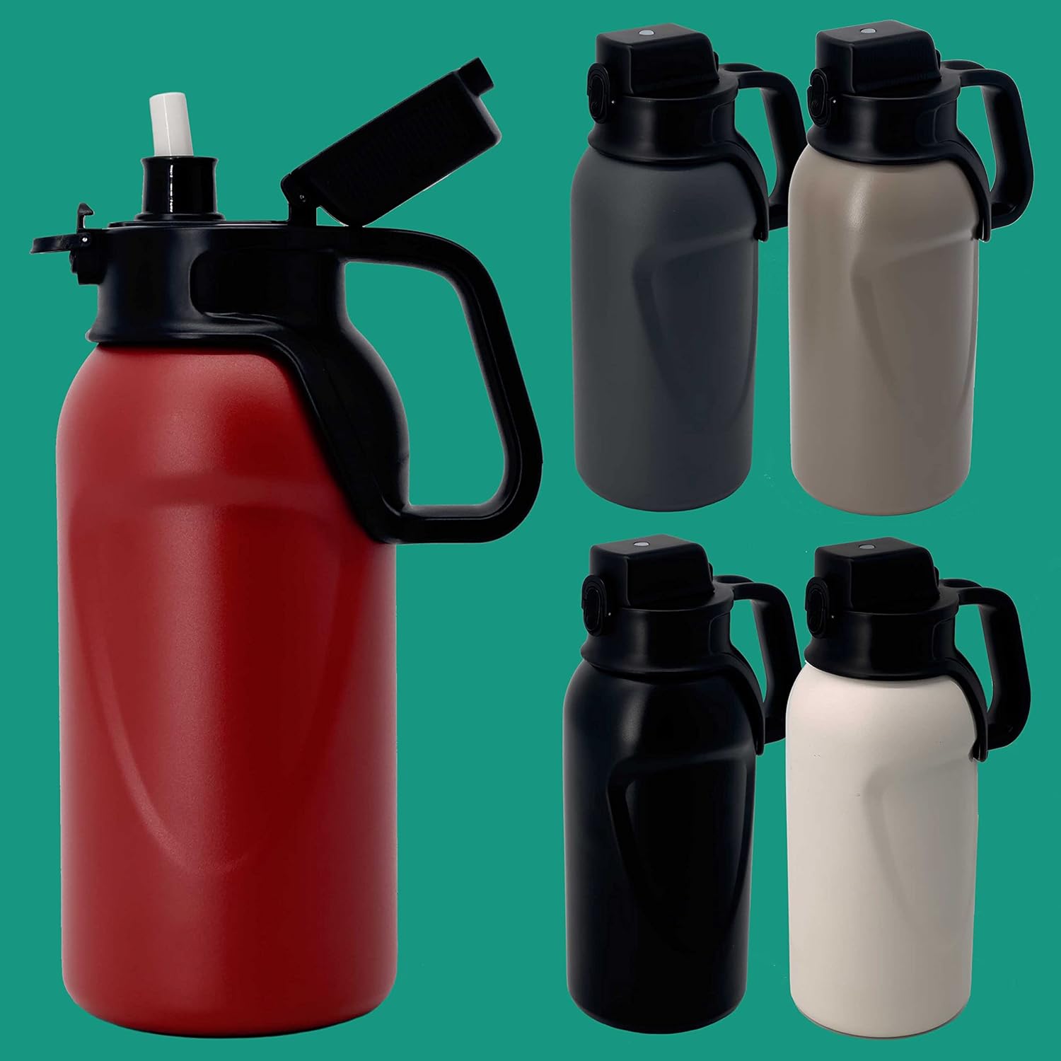 Botellas de agua para deportes al aire libre con doble pared de acero inoxidable de 46 onzas, 1.3 L, con aislamiento de boca ancha, popote y funda