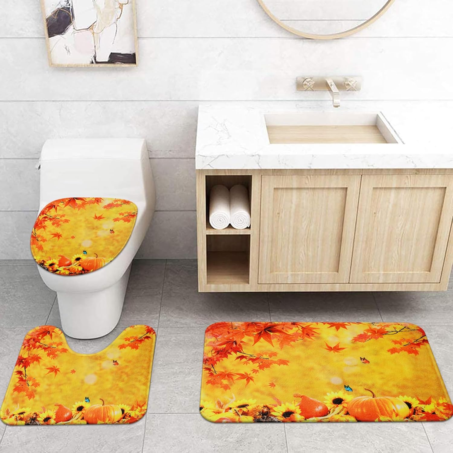 Juego de cortinas de ducha de Acción de Gracias, hojas de arce, juegos de baño de otoño con cortina de ducha y alfombras, cortina de ducha de