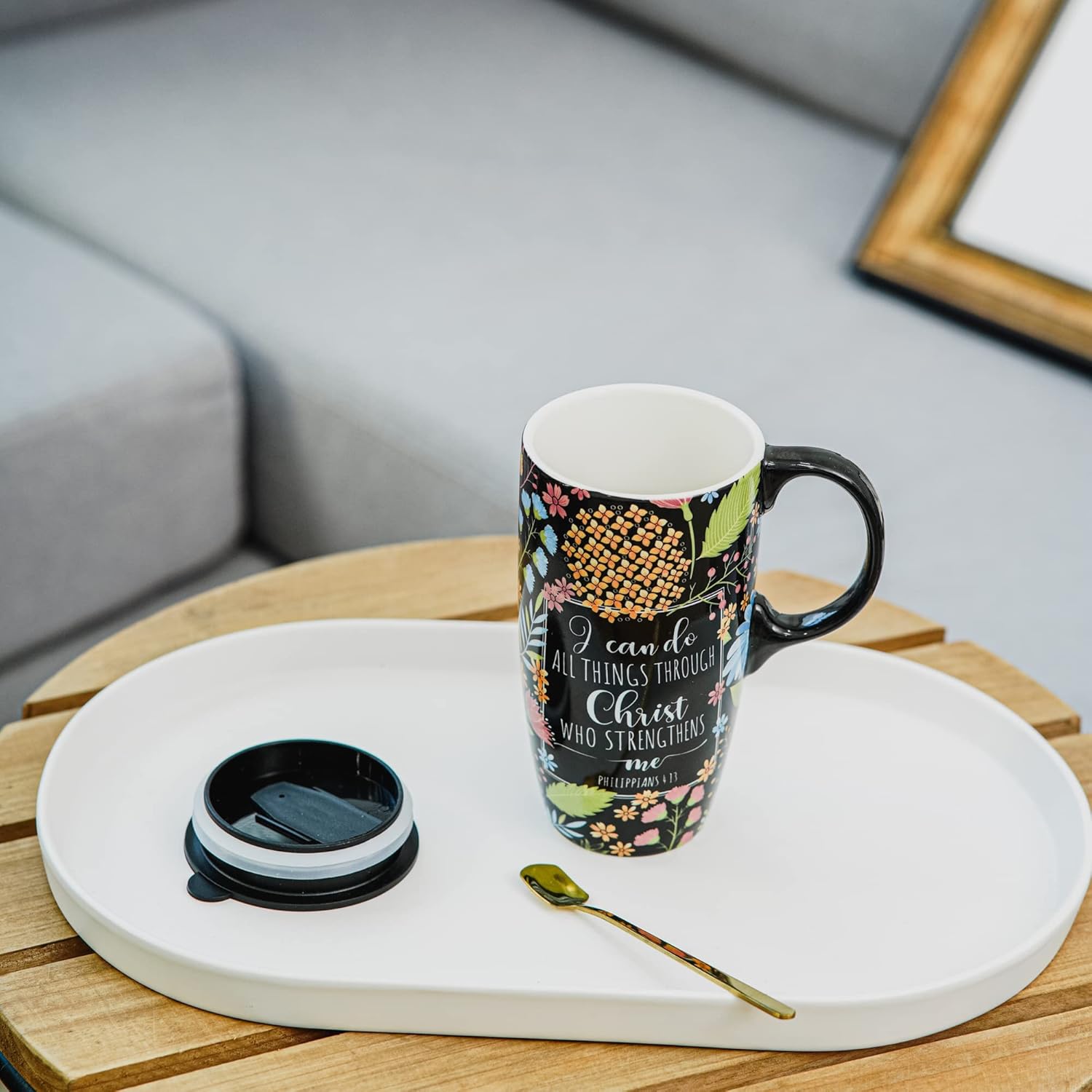 DUSVALLY Taza de cerámica para café, taza de café de viaje, taza de té con leche de porcelana con tapa y caja de color de 17 onzas. Taza alta