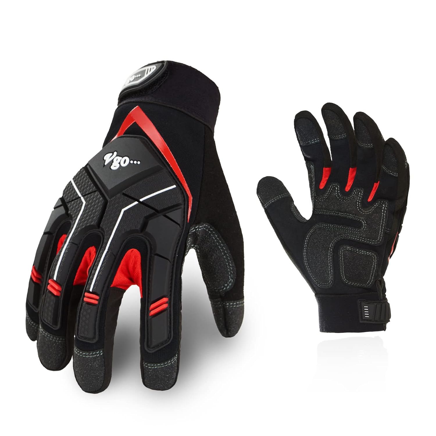 Vgo… 1 par de guantes de trabajo mecánico de cuero sintético resistente, compatibles con pantalla táctil (talla XL, negro rojo, SL9722)