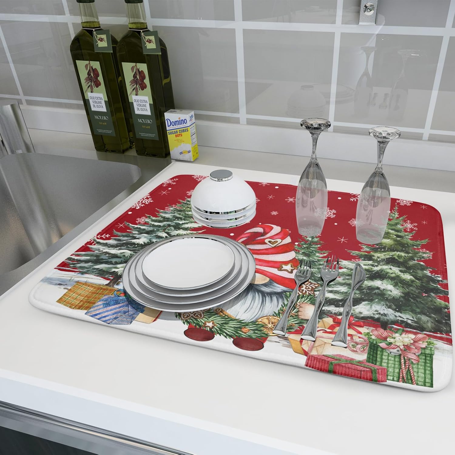 Tapete de secado de platos de Navidad para encimera de cocina, tapete de secado de platos de Feliz Navidad, 18 x 24 pulgadas, gnomos de Navidad,