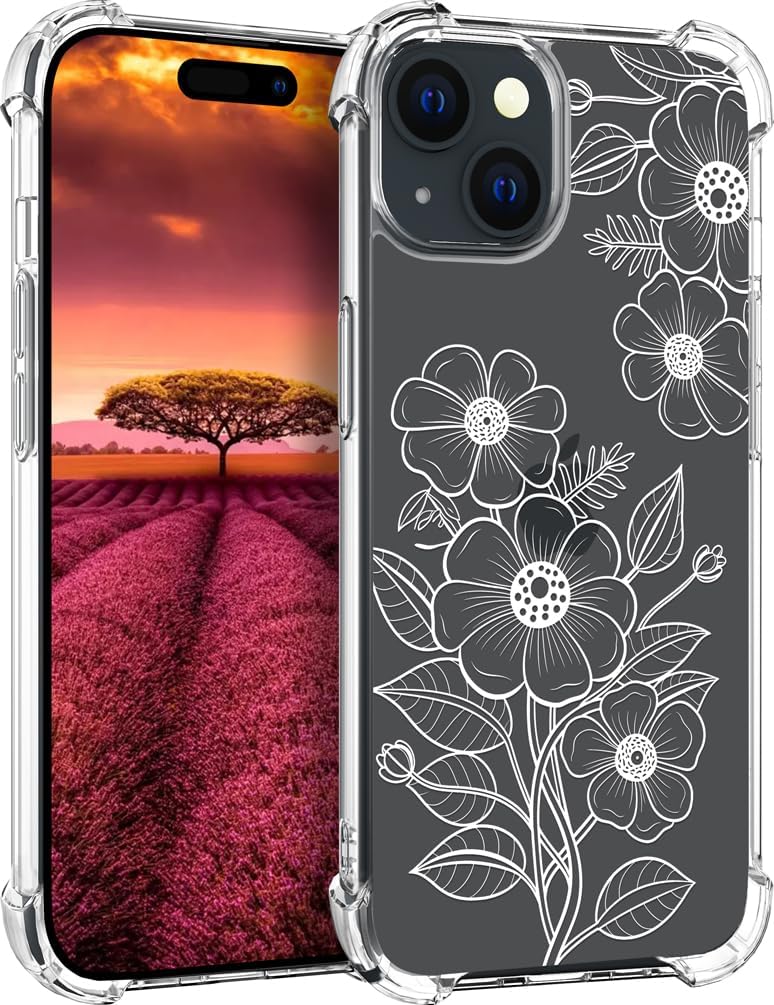 Funda compatible con iPhone 15 Plus, linda flor floral transparente para mujeres, diseño femenino, funda transparente de diseño floral, compatible