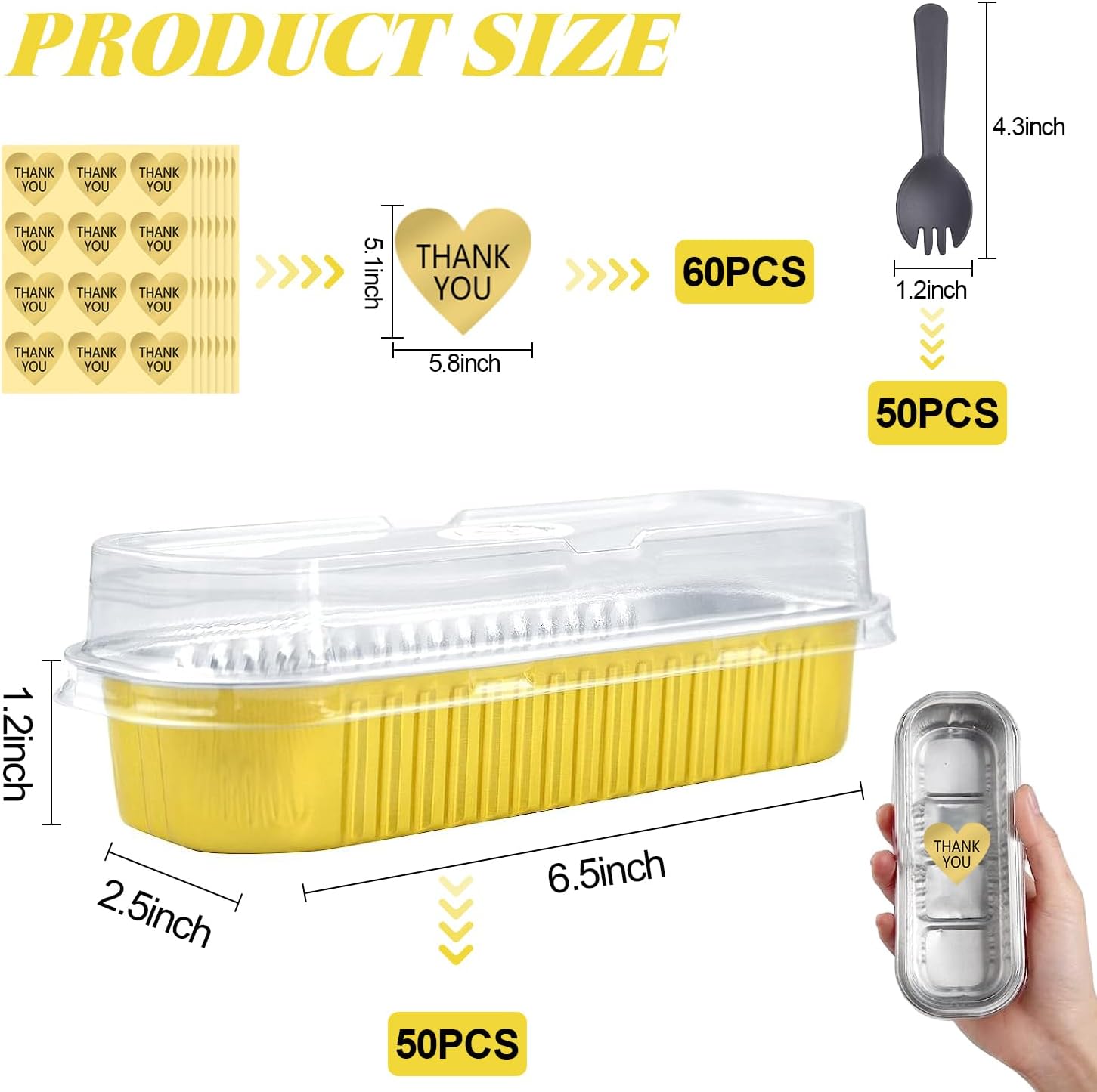 Paquete de 50 moldes para hornear de papel de aluminio de 6.8 onzas con tapas y cucharas, prácticos recipientes rectangulares con calcomanías, tazas