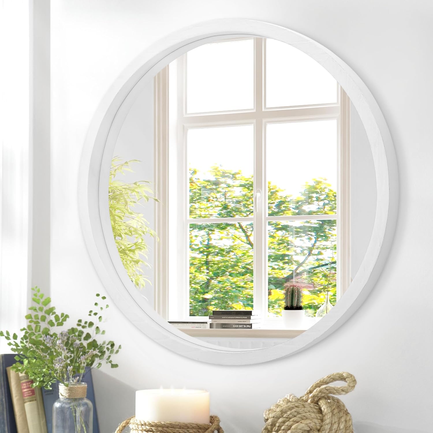 Espejo de pared circular de 20 pulgadas para decoración del hogar, espejo redondo blanco para baño, espejo de marco de madera montado en la pared