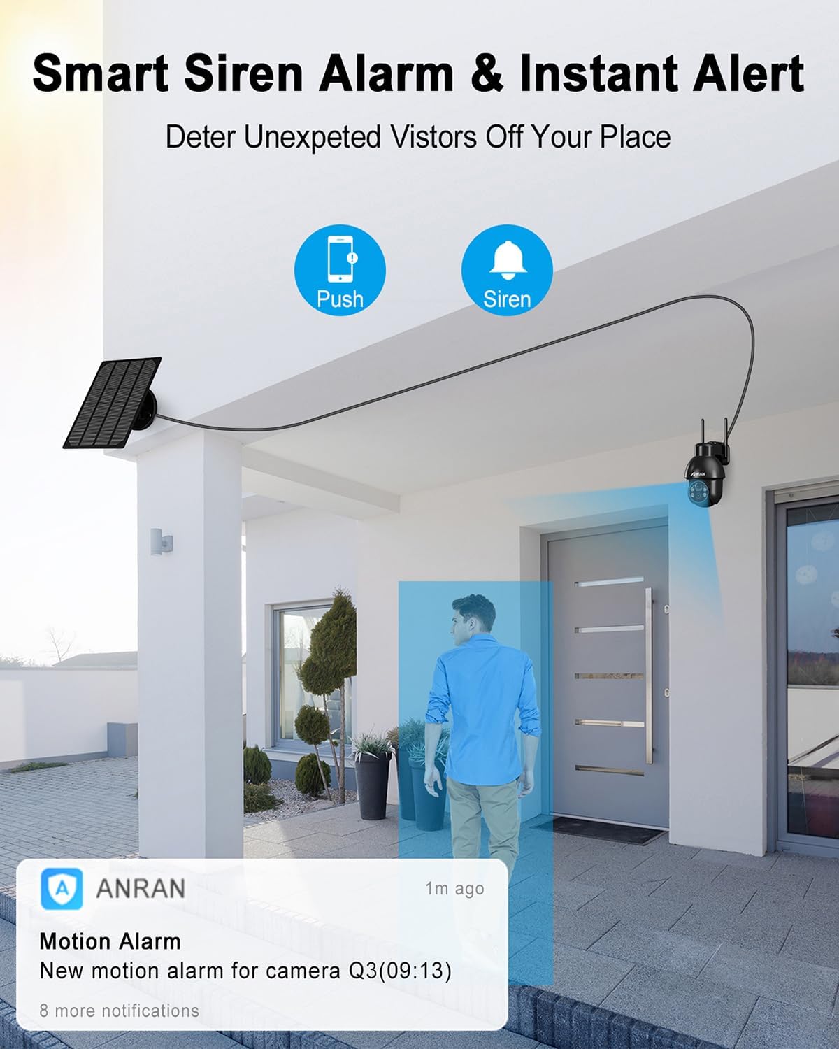 ANRAN Cámaras de seguridad inalámbricas para exteriores, cámara WiFi de seguridad solar de 2 K con PTZ de 360, visión nocturna, IP65 impermeable,