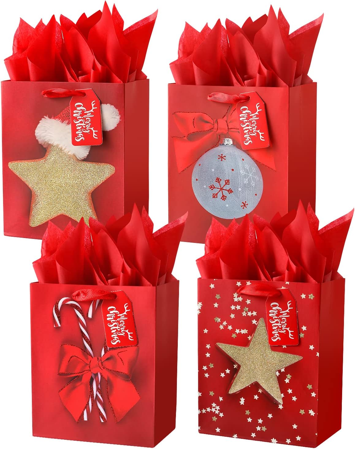 Paquete de 4 bolsas de regalo de tamaño grande de 13 pulgadas, bolsas de regalo con patrón de Navidad surtido con papel de seda para decoración de