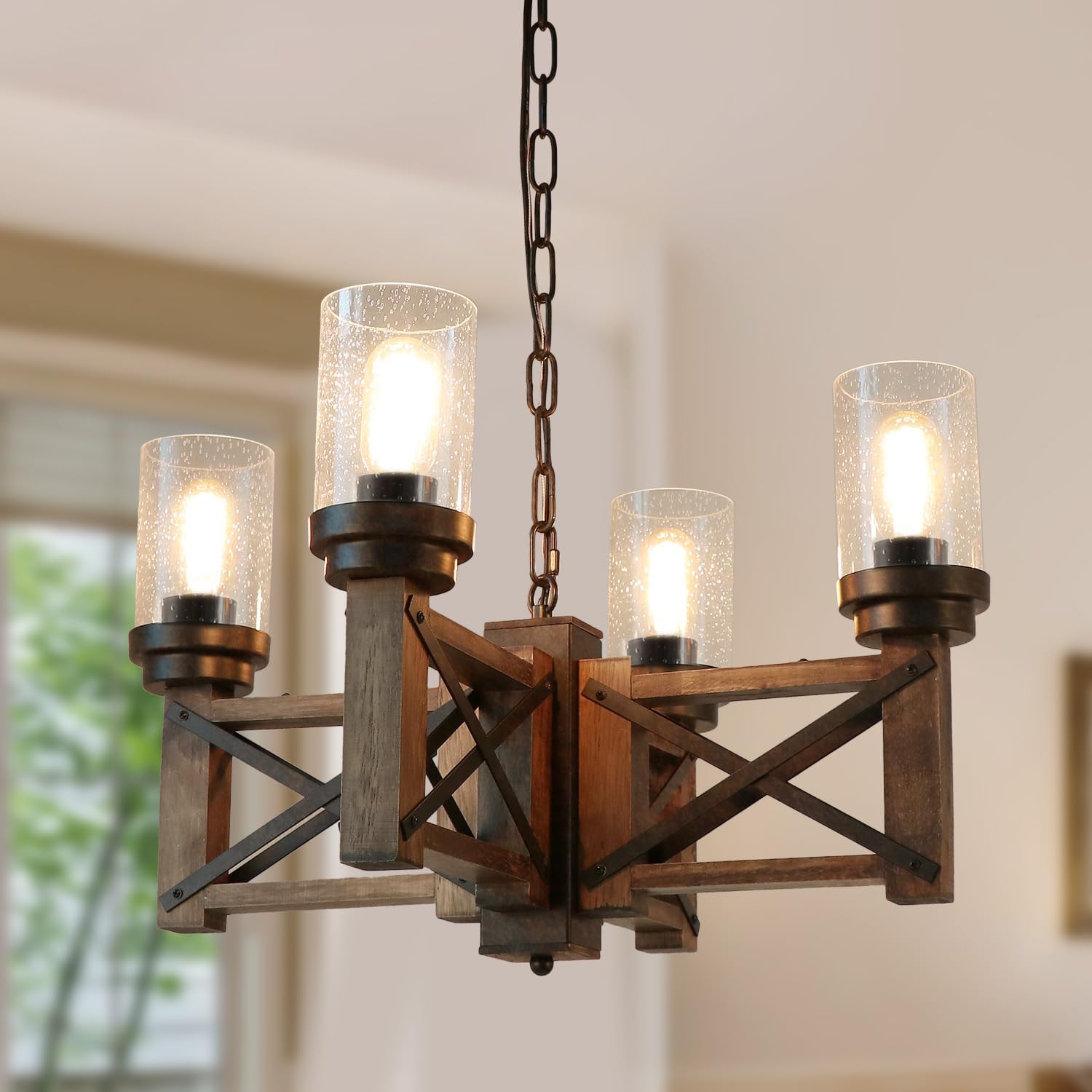 Lámpara de araña rústica de madera con 4 luces con pantallas de cristal, lámpara colgante de mesa de comedor industrial de 22.8 pulgadas, lámpara