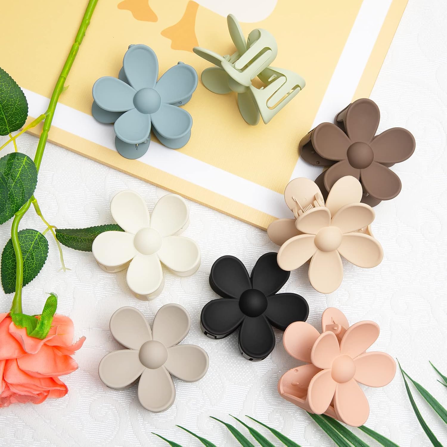 Paquete de 7 pinzas de flores, pinzas de pelo medianas para mujeres y niñas, bonitos clips de garra de margarita, pinzas de pelo mate para cabello