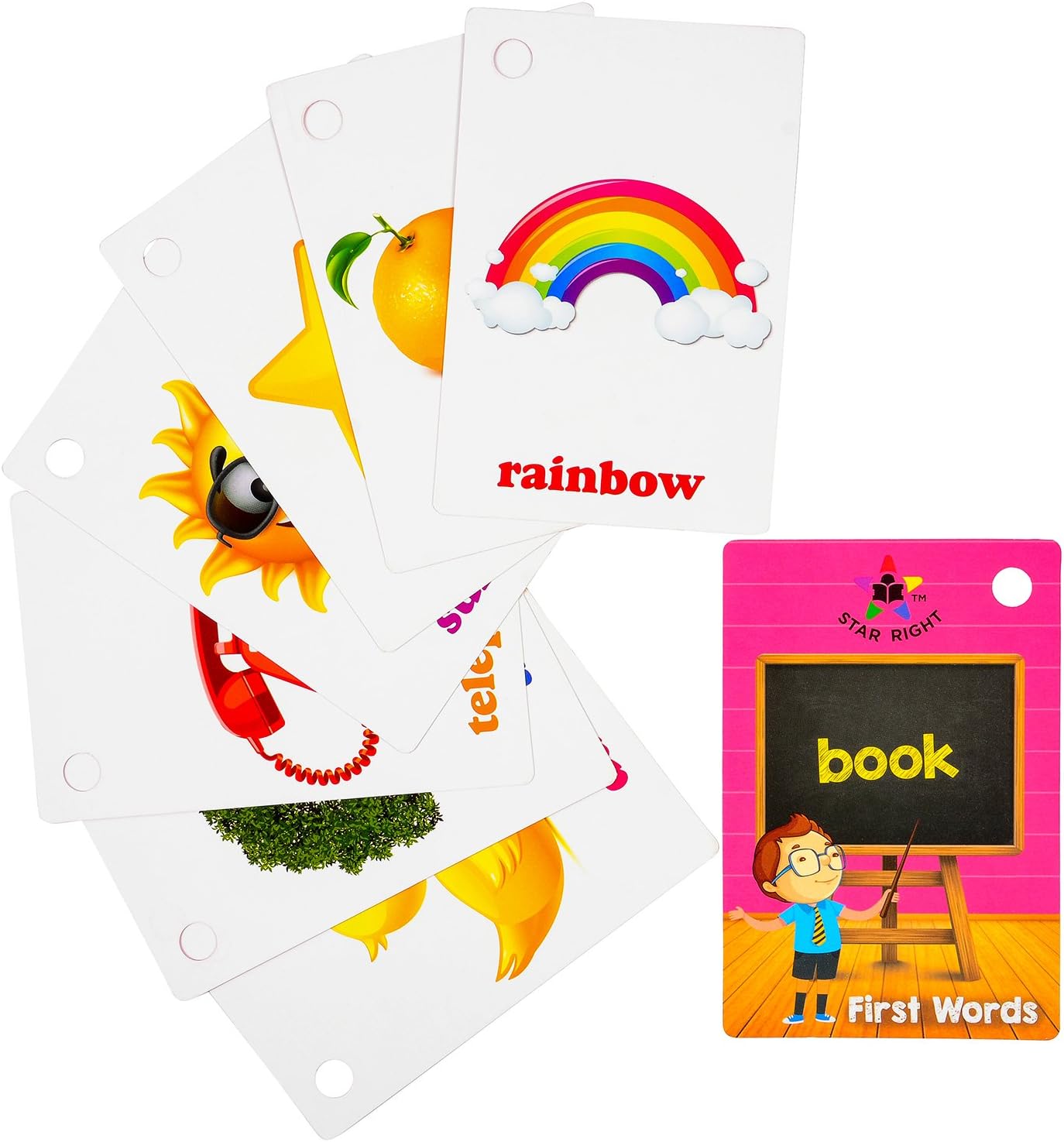 Star Right First Words – Tarjetas flash con arte realista, 36 tarjetas, con 1 anillo, para edades de prekínder y K