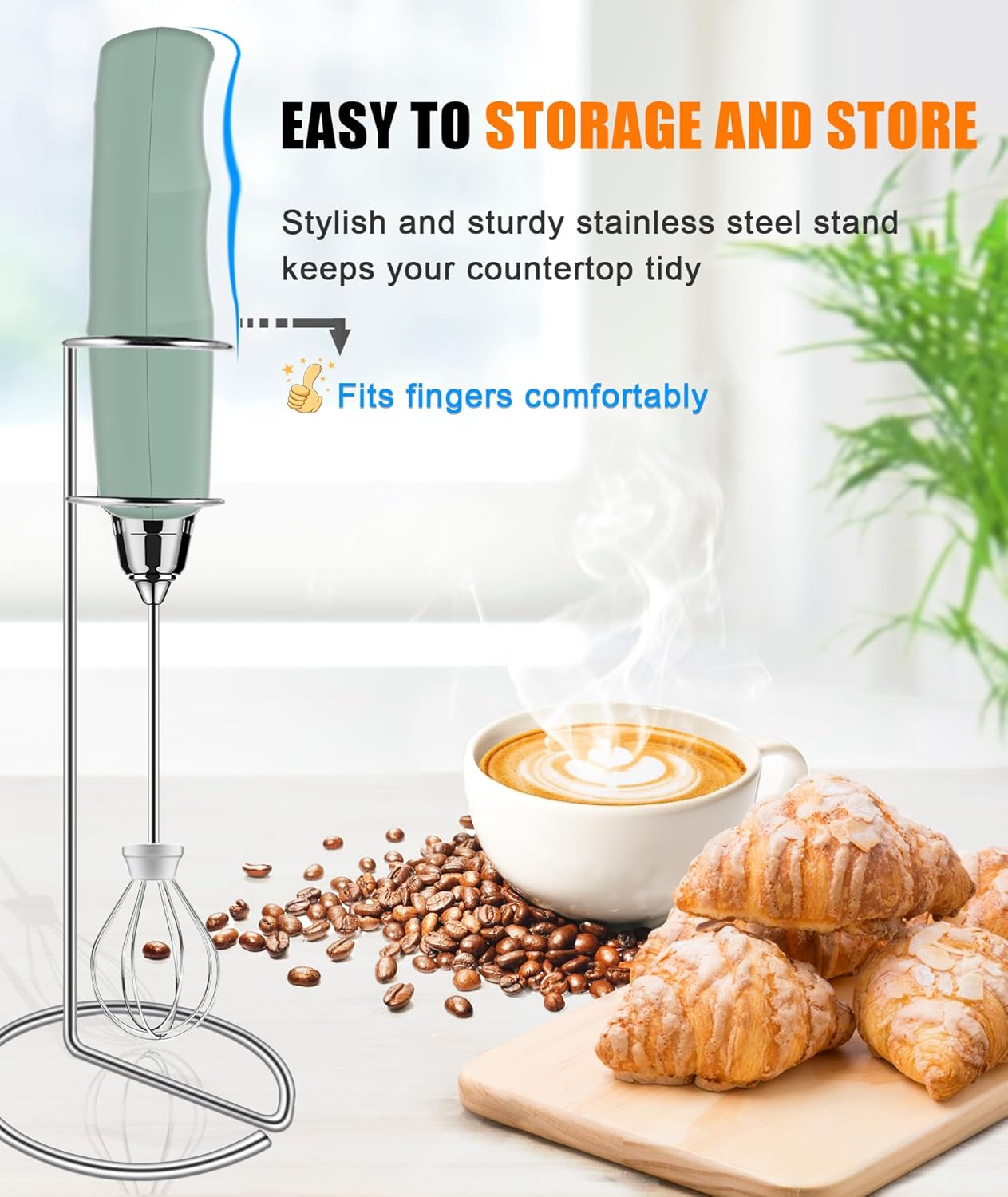 YUSWKO Espumador de leche recargable para café con soporte, mezclador de bebidas de mano con 3 cabezales, 3 velocidades, agitadores eléctricos para