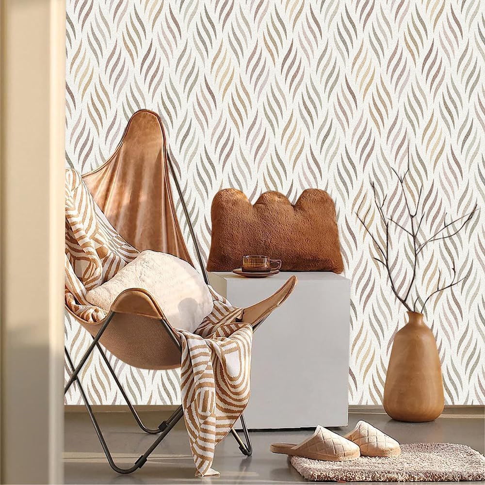MuralPeel Papel tapiz geométrico bohemio con hojas onduladas para despegar y pegar, moderno, fácil de despegar, papel de contacto vintage,