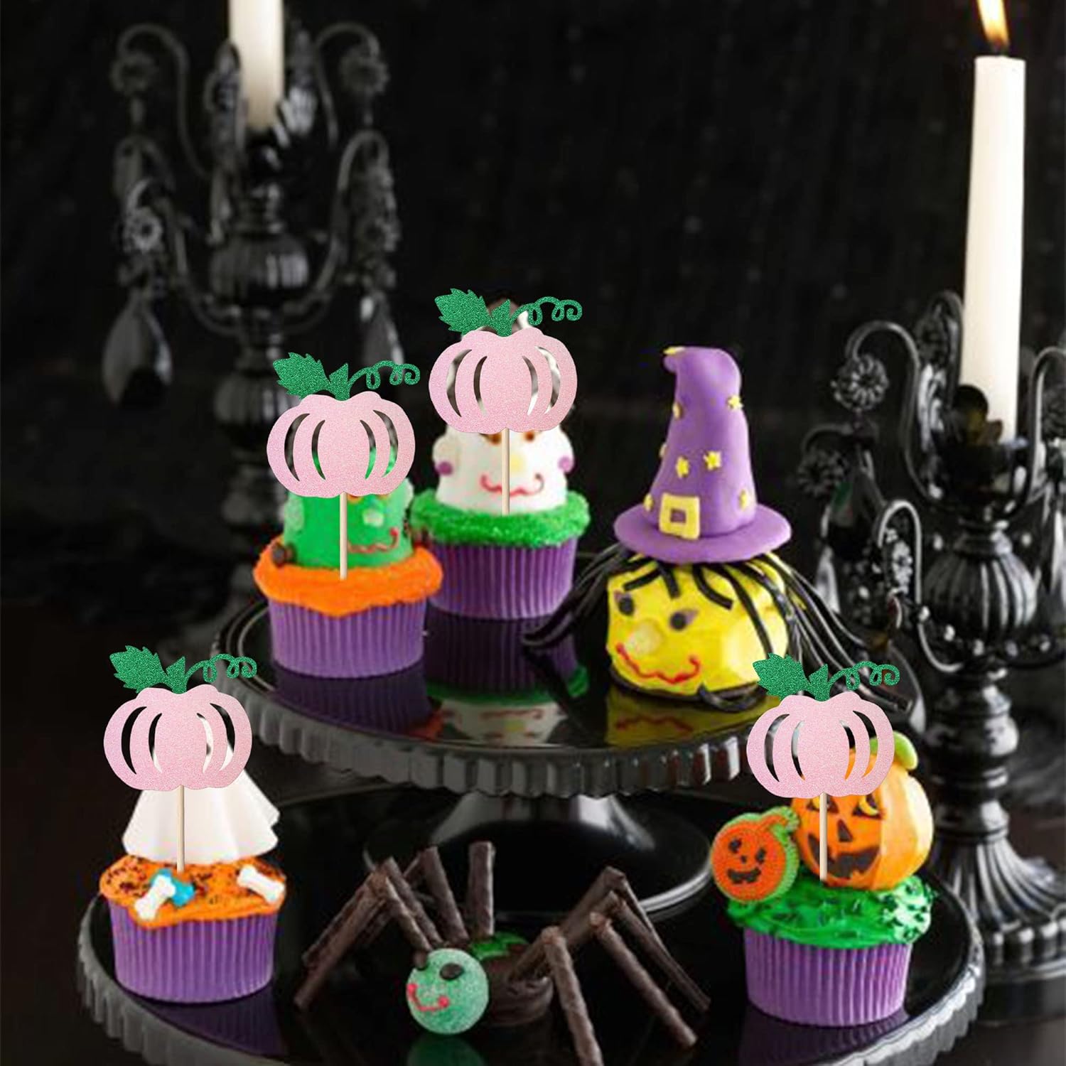 Paquete de 24 adornos de calabaza para cupcakes con purpurina con temática de otoño, cosecha de otoño, temática de calabaza, baby shower,