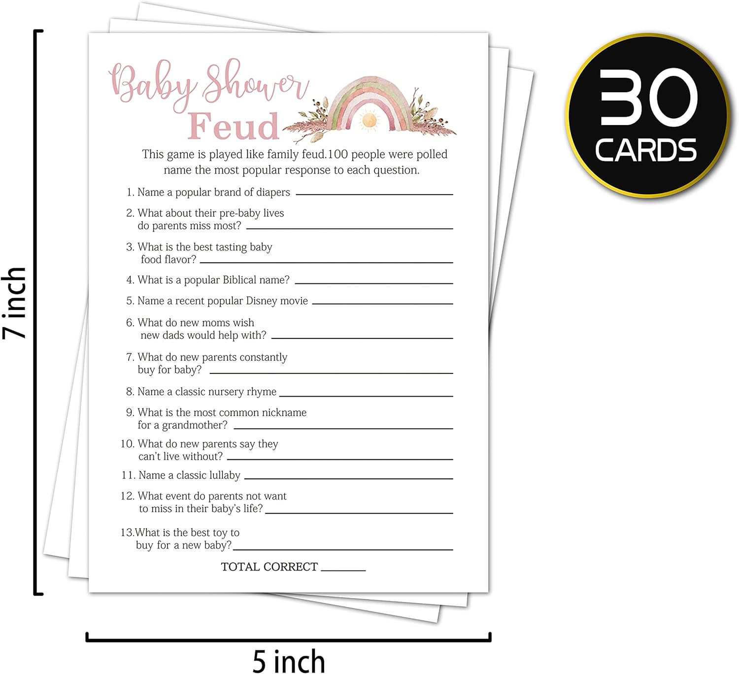 Baby Shower Feud Baby Shower Game, suministros para fiesta de revelación de género, decoraciones de fiesta floral arco iris, 30 tarjetas de juego, 1