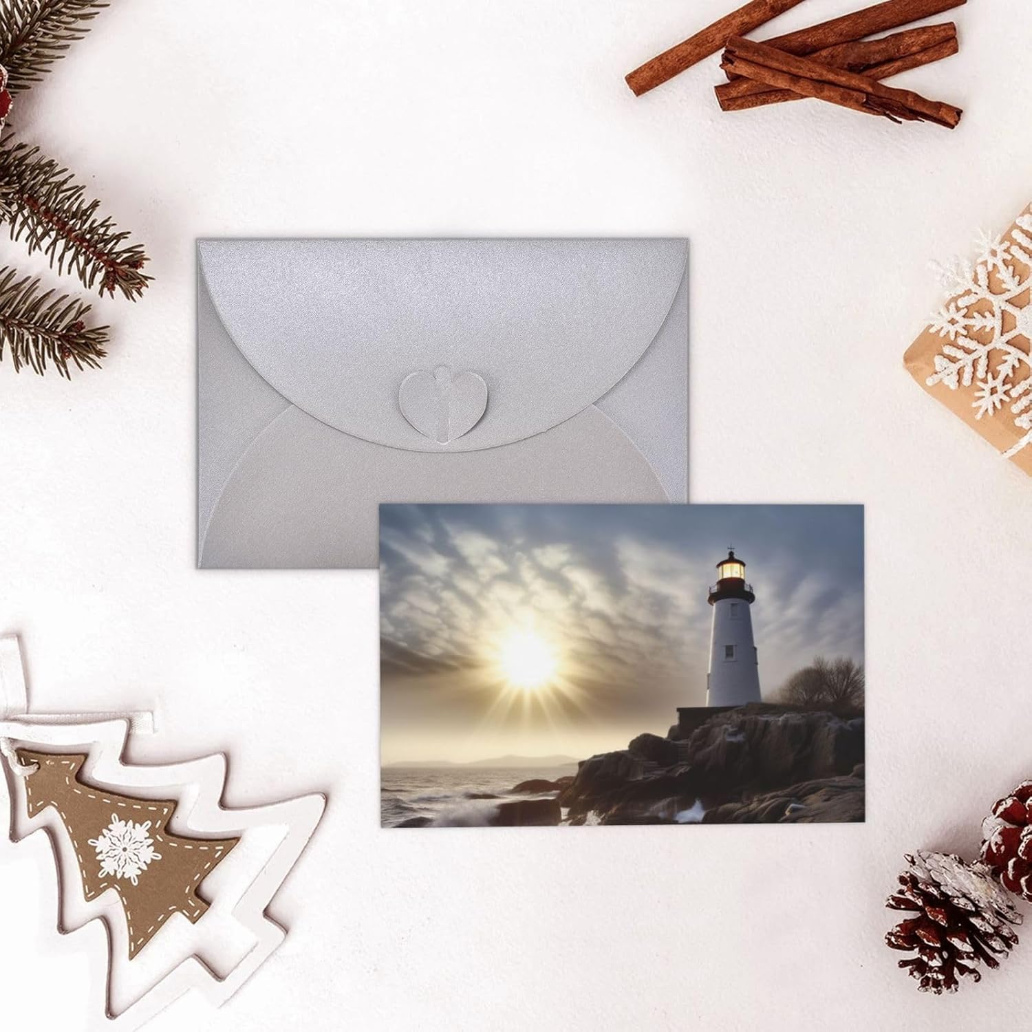 Lighthouse Rocks – Tarjetas de cumpleaños junto al mar con sobres, esta tarjeta de felicitación en blanco utiliza un paquete de sobre de botón de