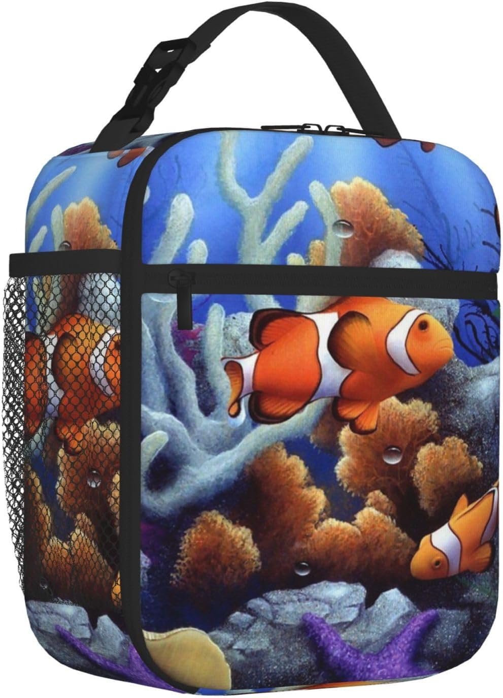Lonchera con bolsillo lateral, bolsa suave aislada con diseño de peces payaso de dibujos animados, bolsa de almuerzo térmica para picnic de trabajo