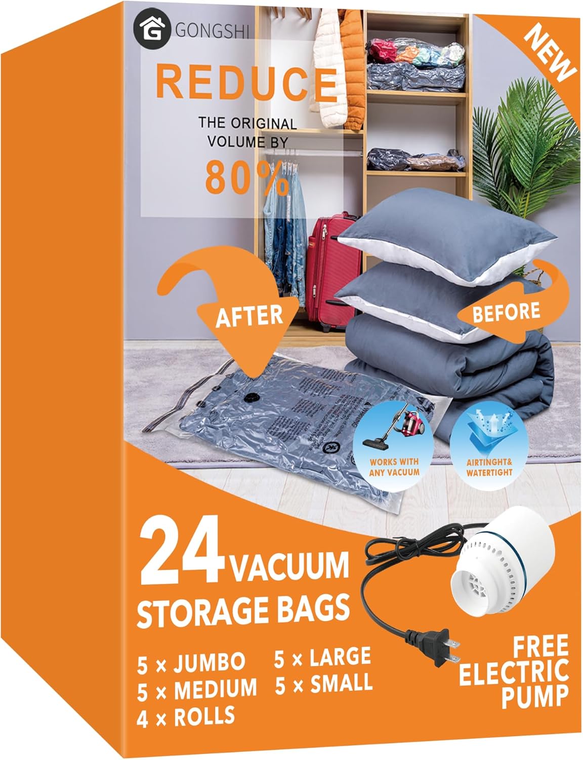 Paquete de 24 bolsas de almacenamiento al vacío con bomba eléctrica, (5 jumbo, 5 grandes, 5 medianas, 5 pequeñas, 4 bolsas enrollables) bolsa